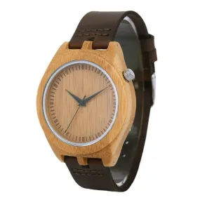 Men's Wood Watch With Leather Strap & Stainless Steel Buckle