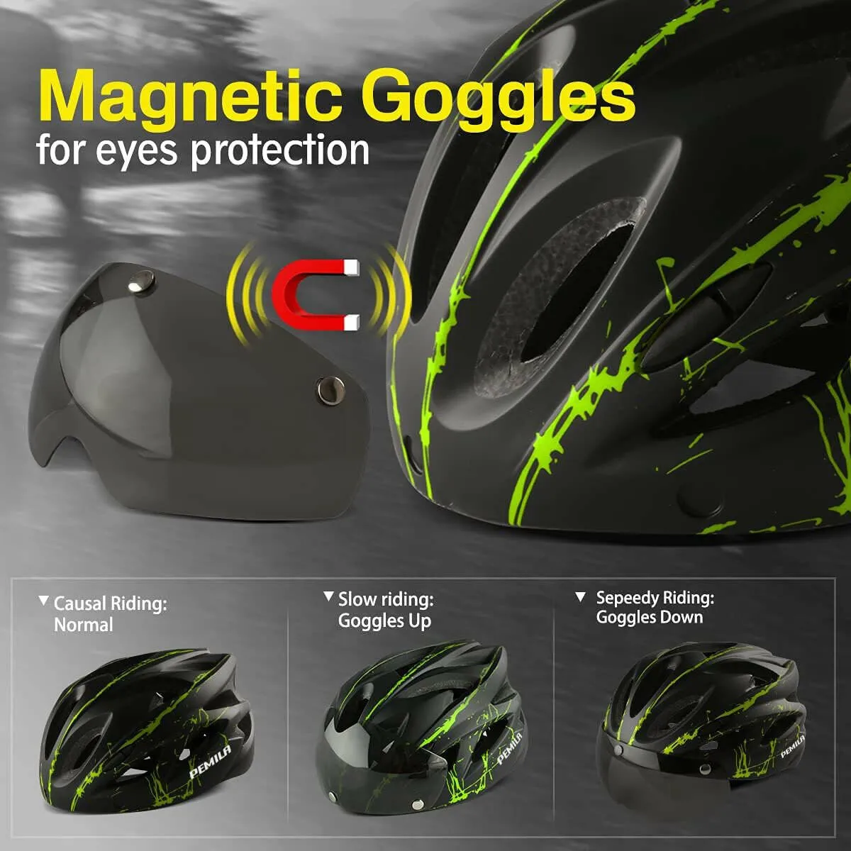 PEMILA Integrally-Molded Cycling Helmet Racing Ultralight Bicycle Helmet Men Women Motorcycle Bike Helmet with Magnetic Glasses