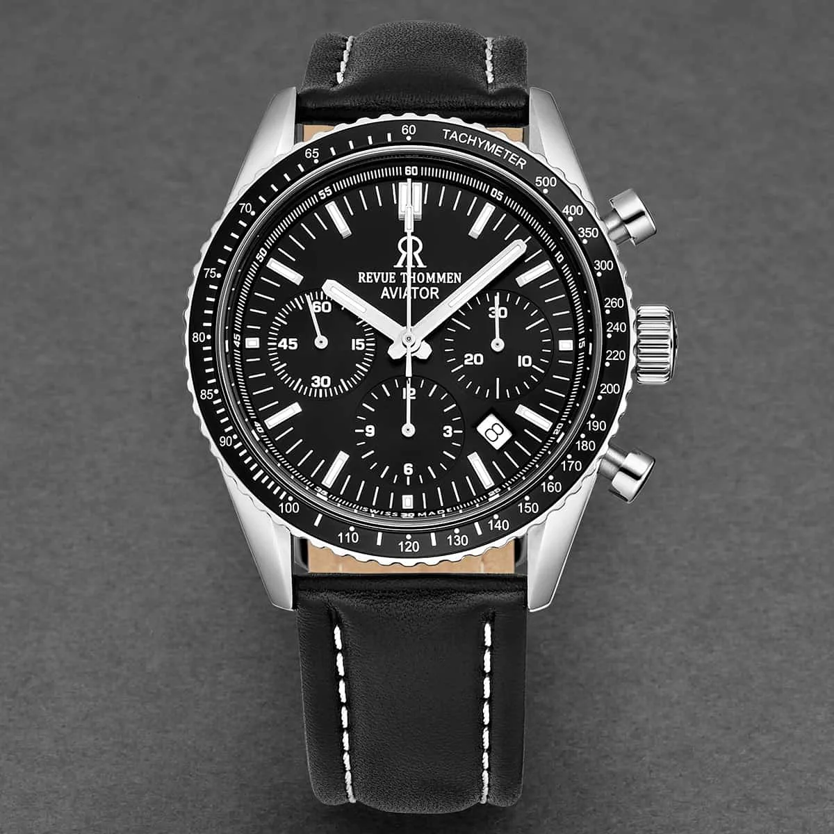 Revue Thommen Men's 17000.6537 'Aviator' Black Dial Leather Strap Chronograph Automatic Watch