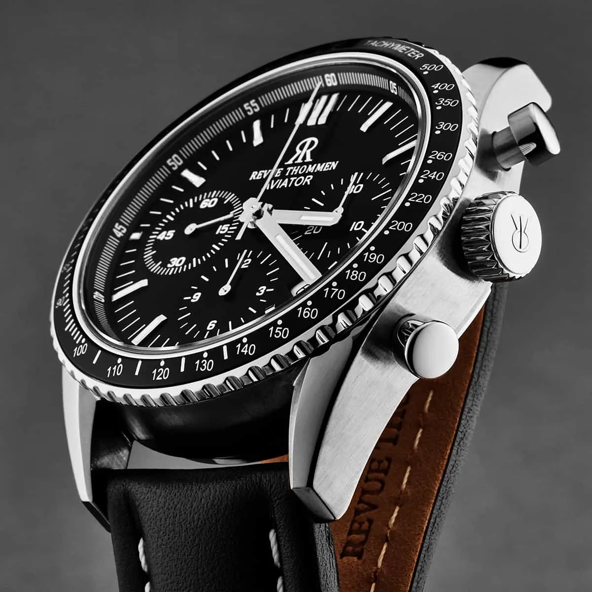Revue Thommen Men's 17000.6537 'Aviator' Black Dial Leather Strap Chronograph Automatic Watch