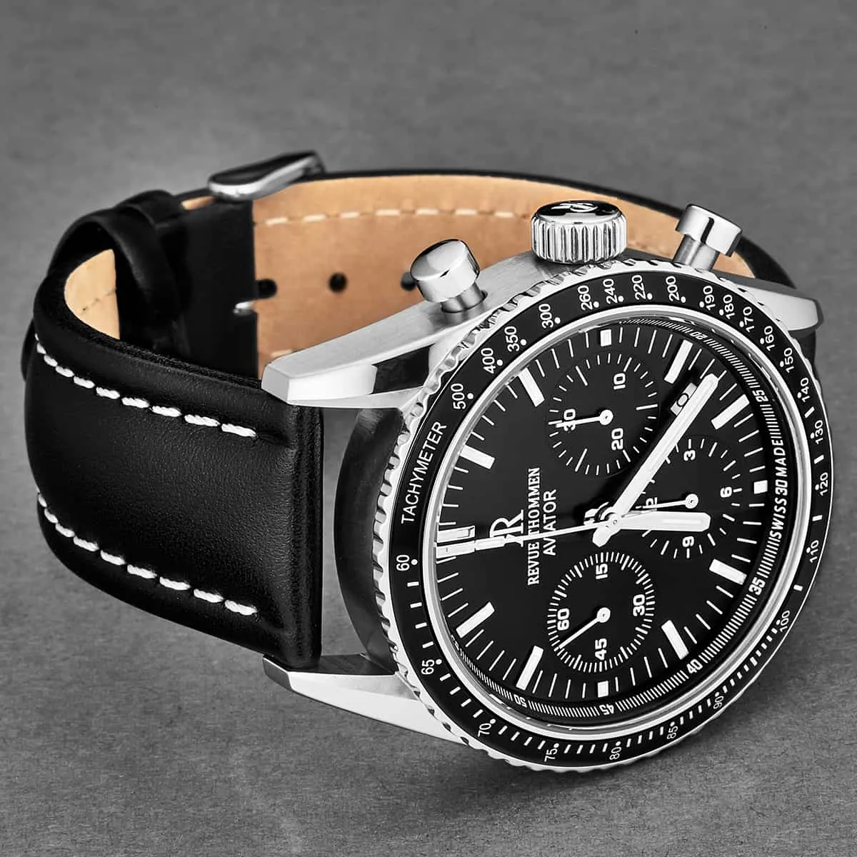 Revue Thommen Men's 17000.6537 'Aviator' Black Dial Leather Strap Chronograph Automatic Watch