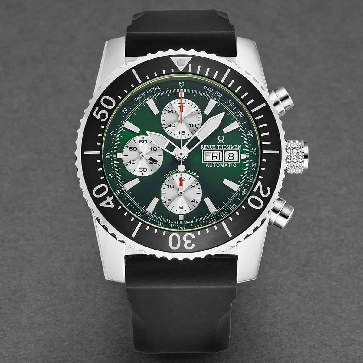 Revue Thommen Men's 17030.6521 'Divers' Green Dial Day-Date Chronograph Rubber Strap Automatic Watch