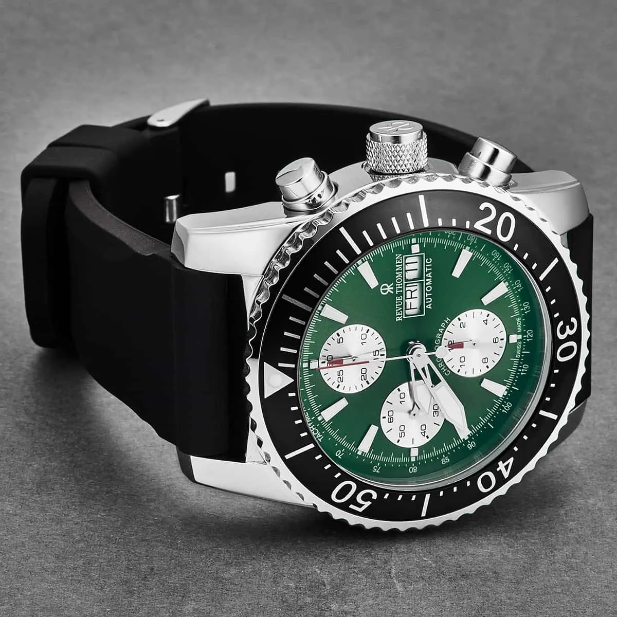 Revue Thommen Men's 17030.6521 'Divers' Green Dial Day-Date Chronograph Rubber Strap Automatic Watch