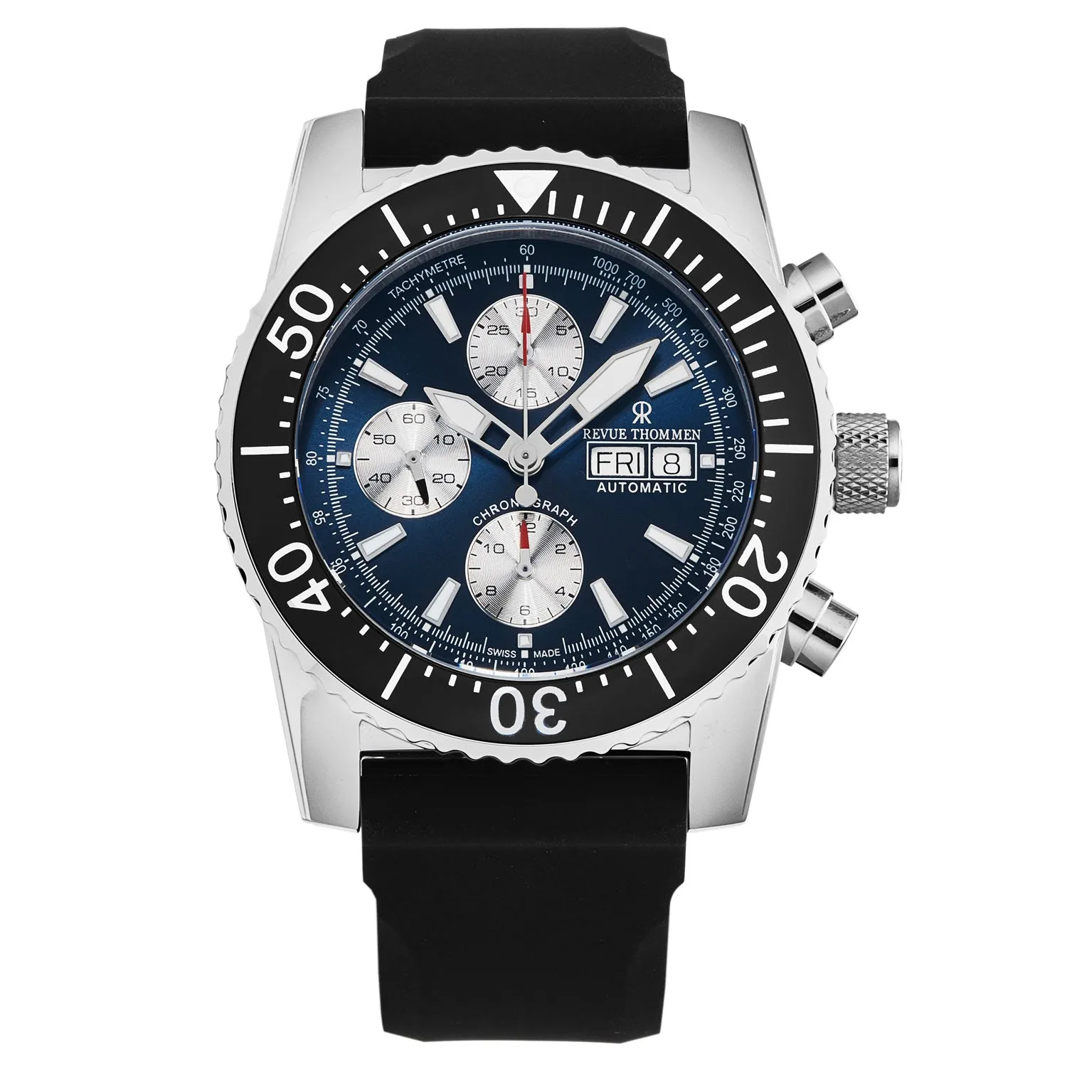 Revue Thommen Men's 17030.6525 'Divers' Blue Dial Day-Date Chronograph Blue Dial Black Rubber Strap Automatic Watch