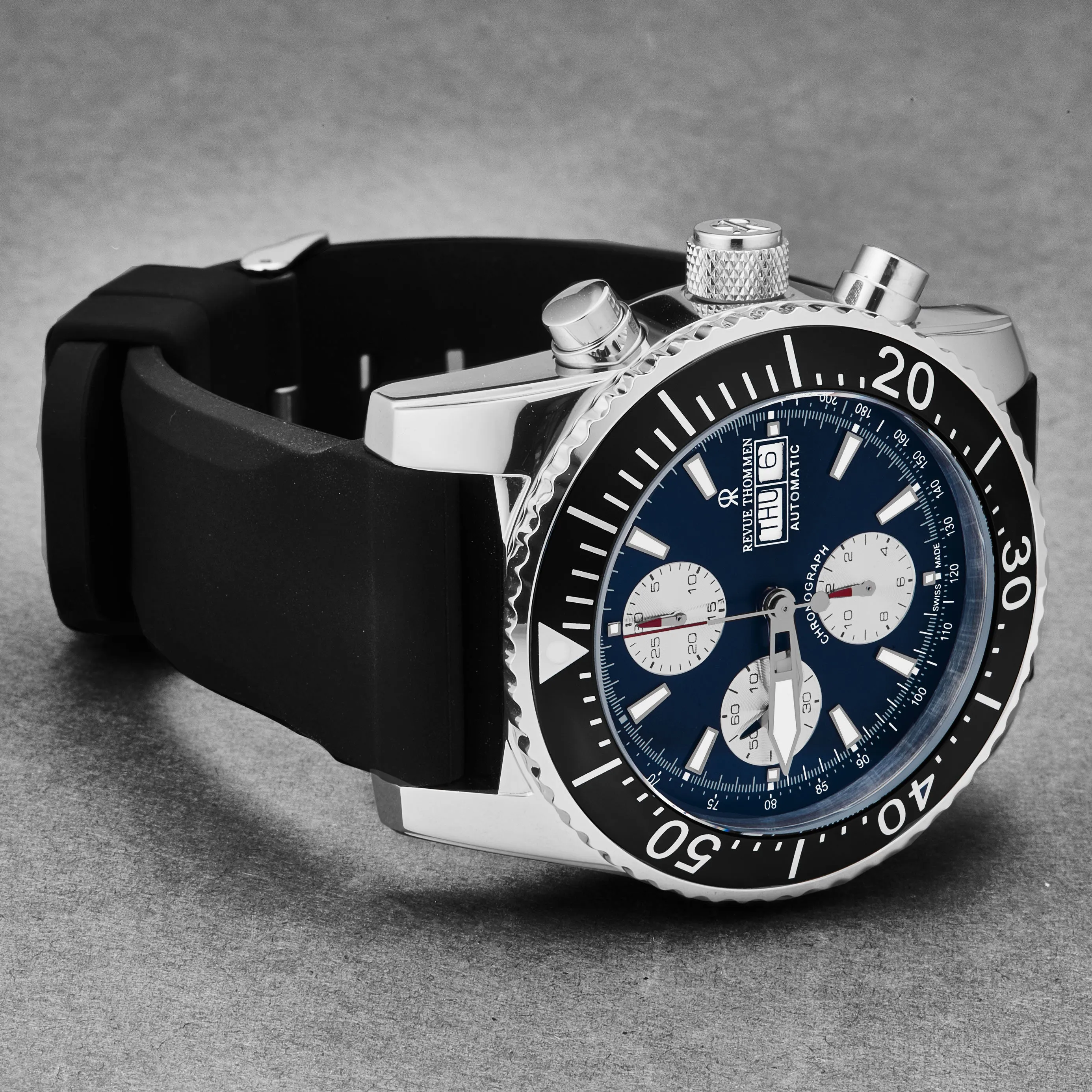 Revue Thommen Men's 17030.6525 'Divers' Blue Dial Day-Date Chronograph Blue Dial Black Rubber Strap Automatic Watch