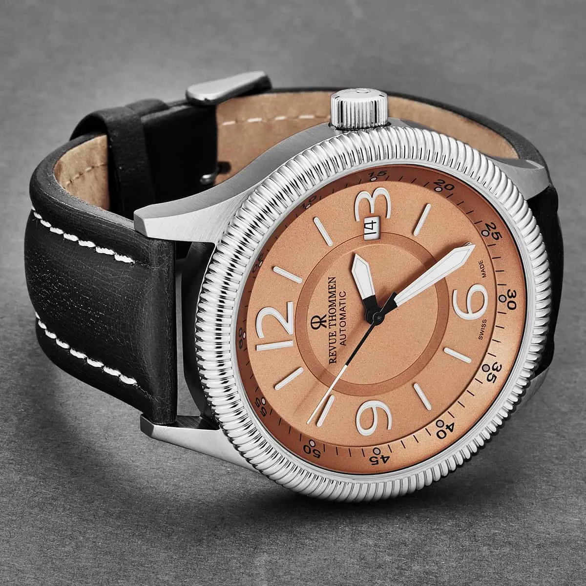Revue Thommen Men's 17060.2526 'Pilot' Salmon Dial Black Leather Strap Automatic Watch