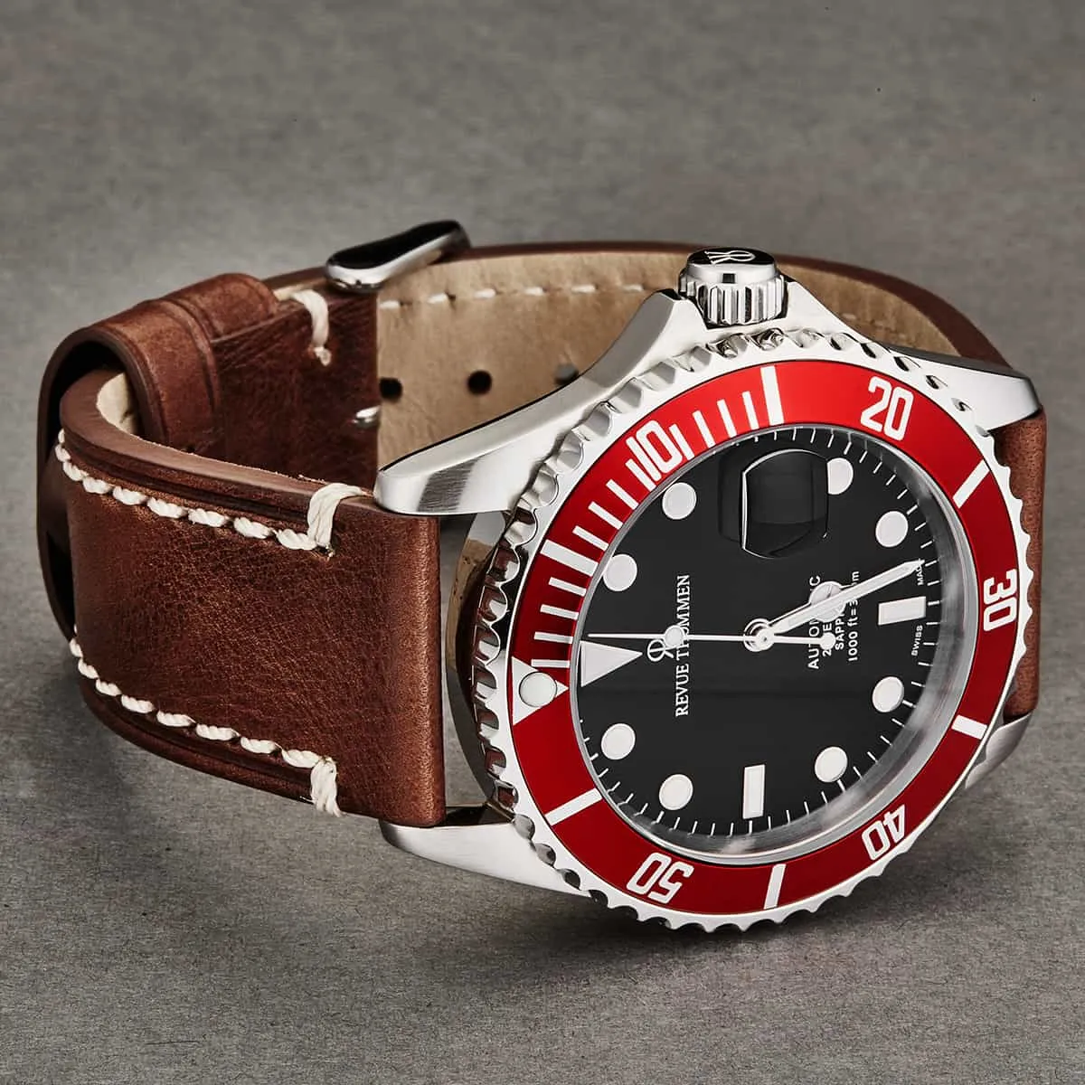 Revue Thommen Men's 17571.2536 'Diver' Black Dial Brown Suede Leather Strap Swiss Automatic Watch