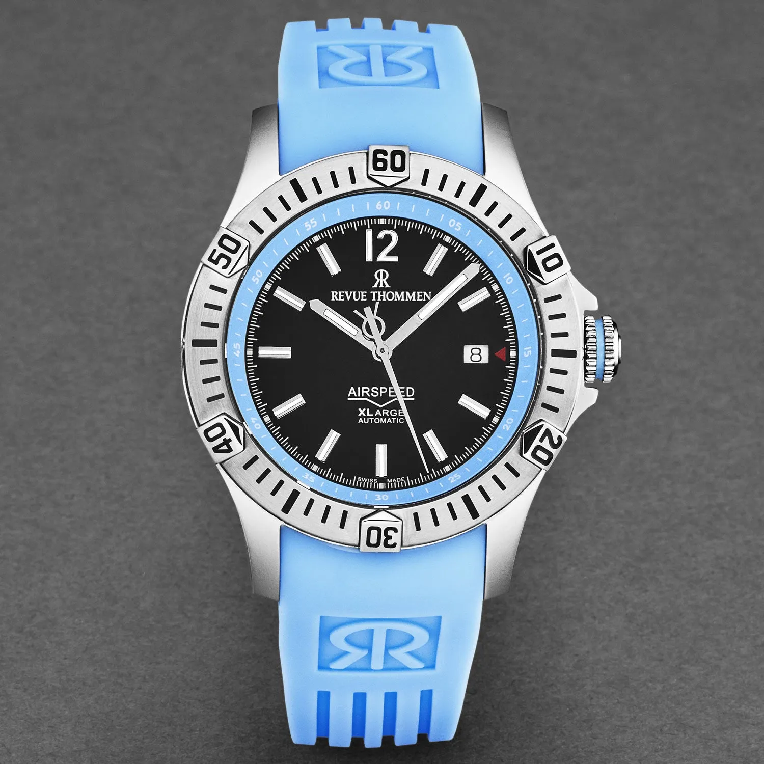 Revue Thommen Men's 'Air speed' Black Dial Blue Rubber Strap Automatic Watch 16070.4635