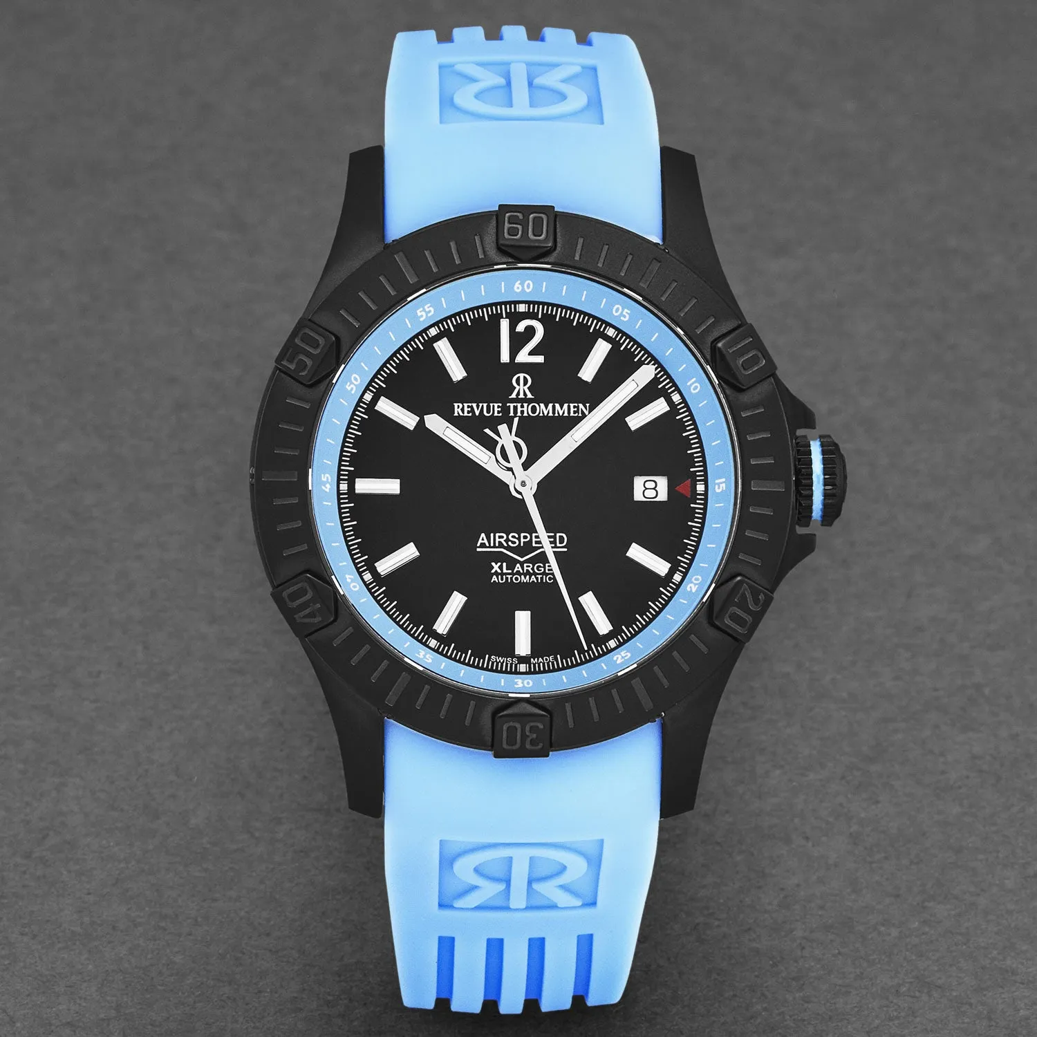 Revue Thommen Men's 'Air speed' Black Dial Blue Rubber Strap Automatic Watch 16070.4675