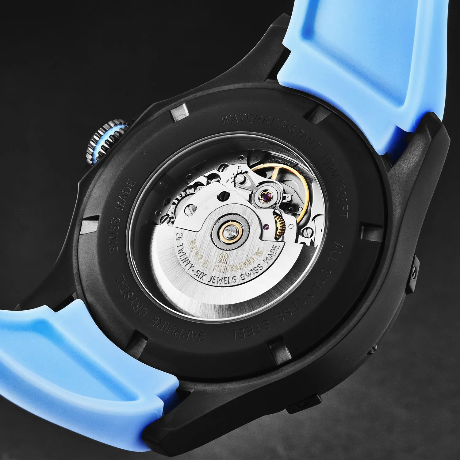 Revue Thommen Men's 'Air speed' Black Dial Blue Rubber Strap Automatic Watch 16070.4675