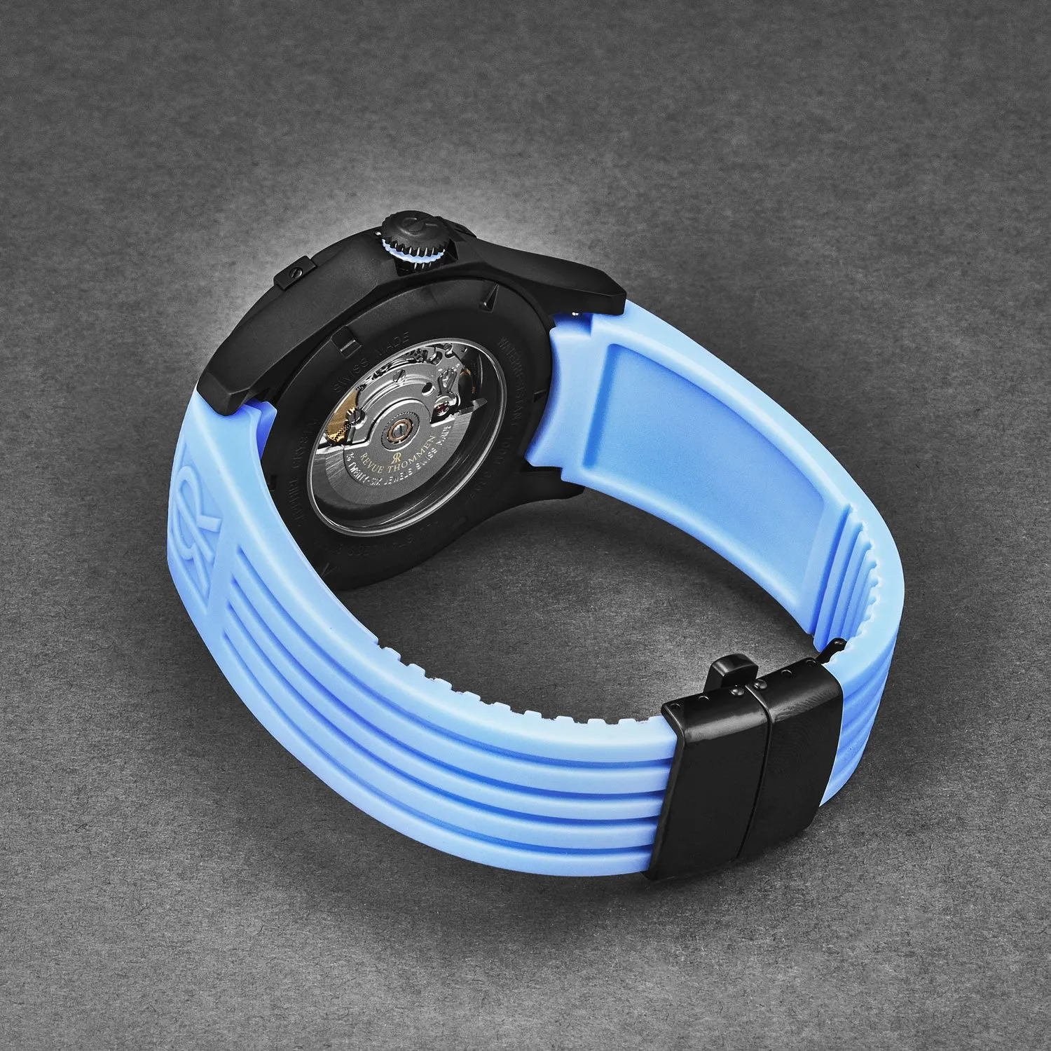 Revue Thommen Men's 'Air speed' Black Dial Blue Rubber Strap Automatic Watch 16070.4675