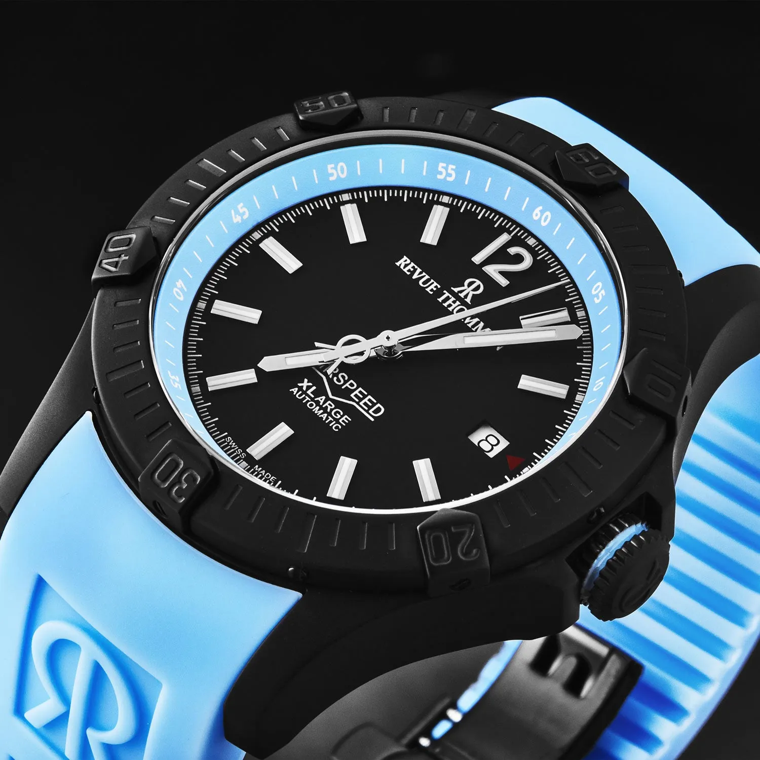 Revue Thommen Men's 'Air speed' Black Dial Blue Rubber Strap Automatic Watch 16070.4675