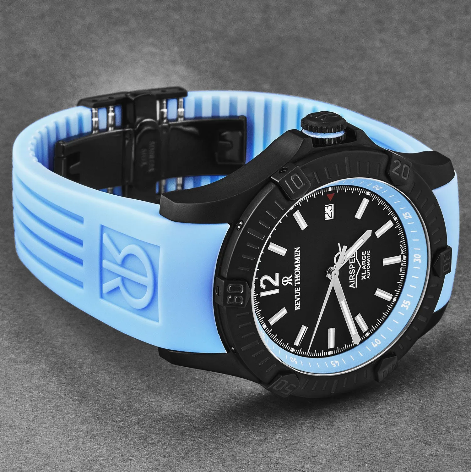 Revue Thommen Men's 'Air speed' Black Dial Blue Rubber Strap Automatic Watch 16070.4675
