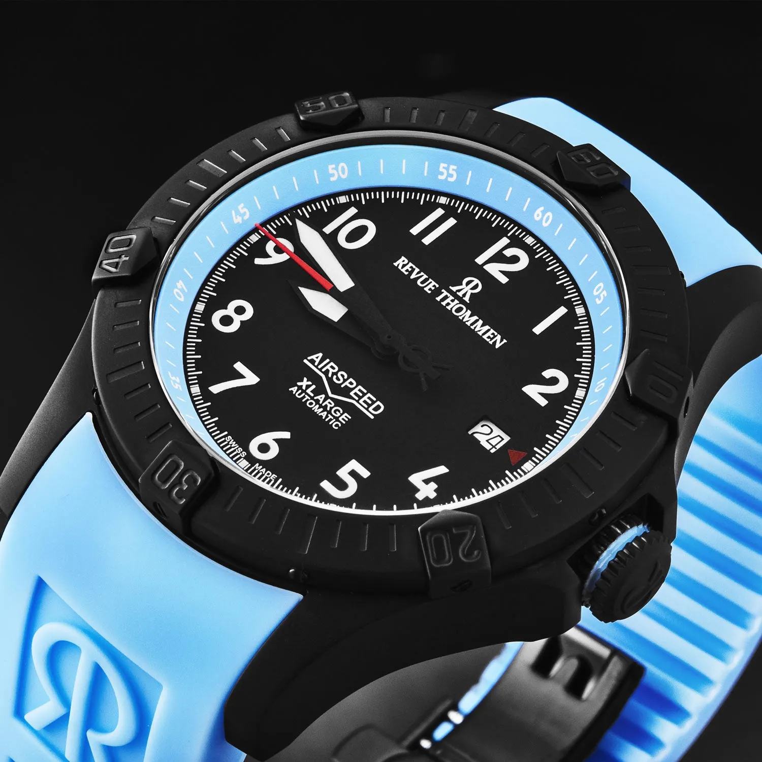 Revue Thommen Men's 'Air speed' Black Dial Blue Rubber Strap Automatic Watch 16070.4775