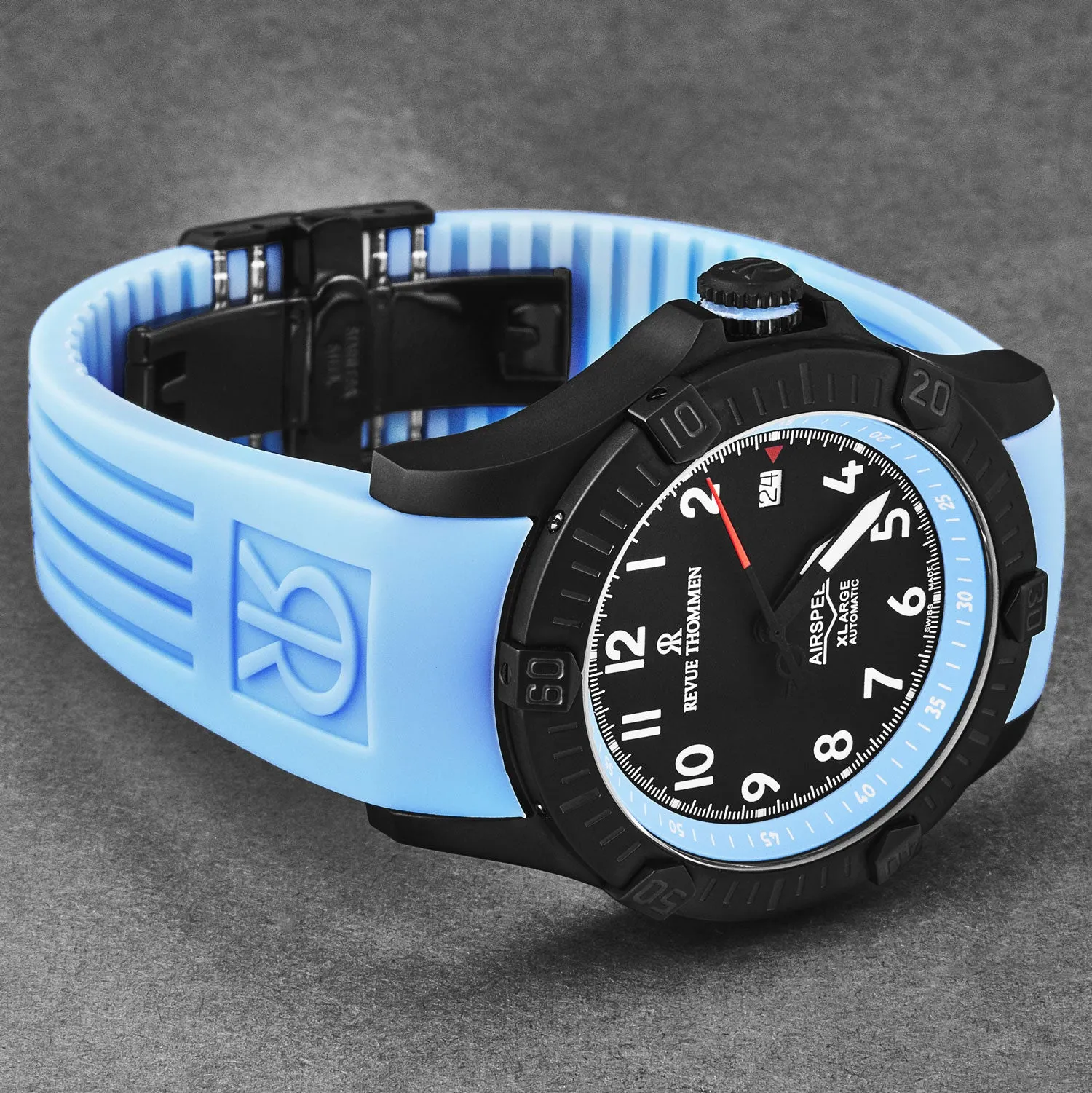Revue Thommen Men's 'Air speed' Black Dial Blue Rubber Strap Automatic Watch 16070.4775