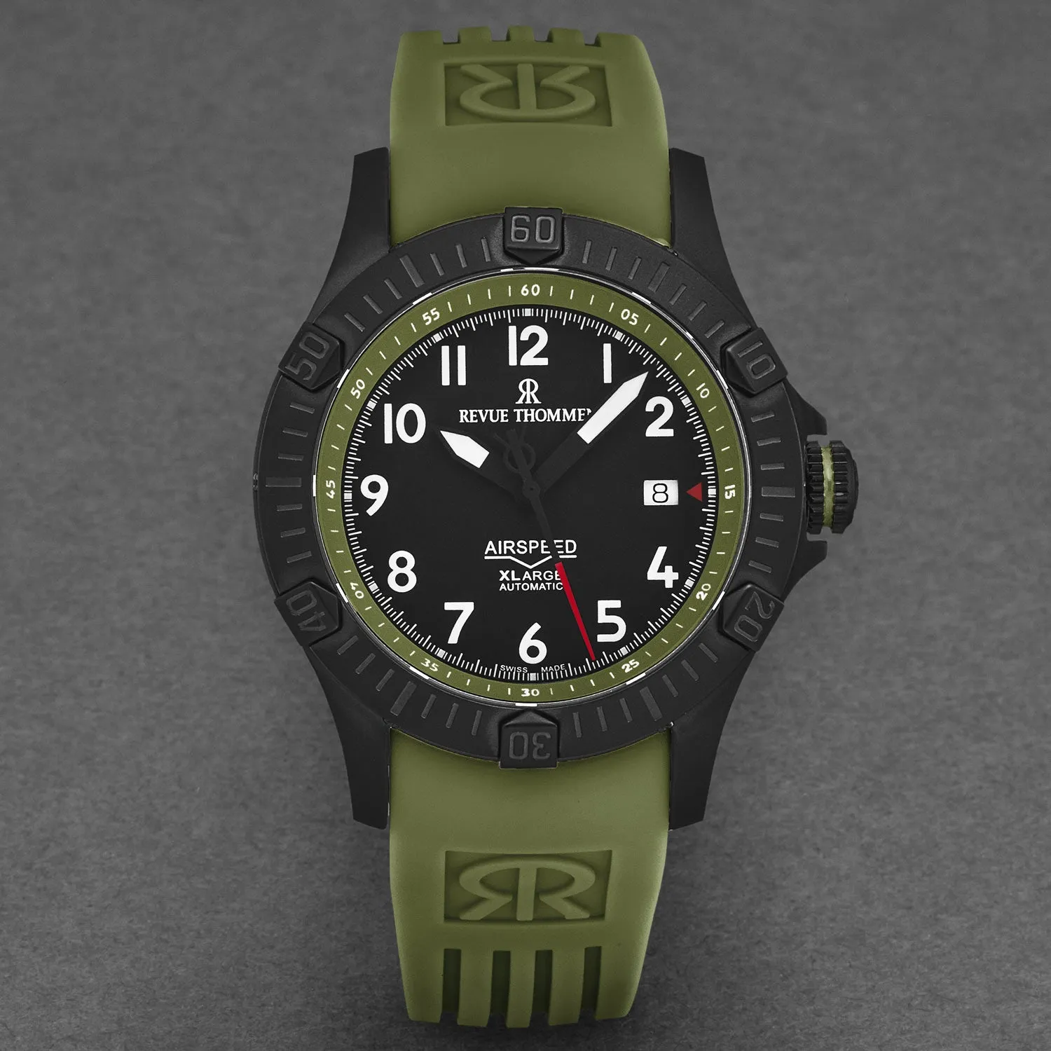 Revue Thommen Men's 'Air speed' Black Dial Green Rubber Strap Automatic Watch 16070.4774