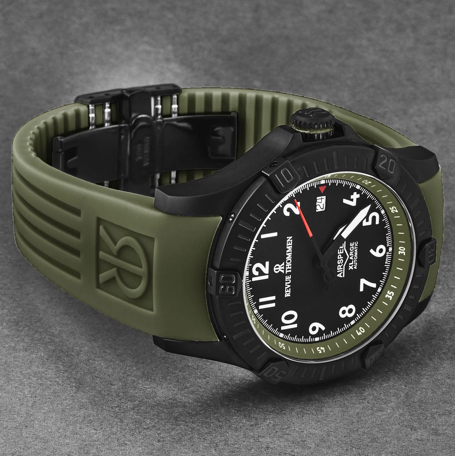 Revue Thommen Men's 'Air speed' Black Dial Green Rubber Strap Automatic Watch 16070.4774