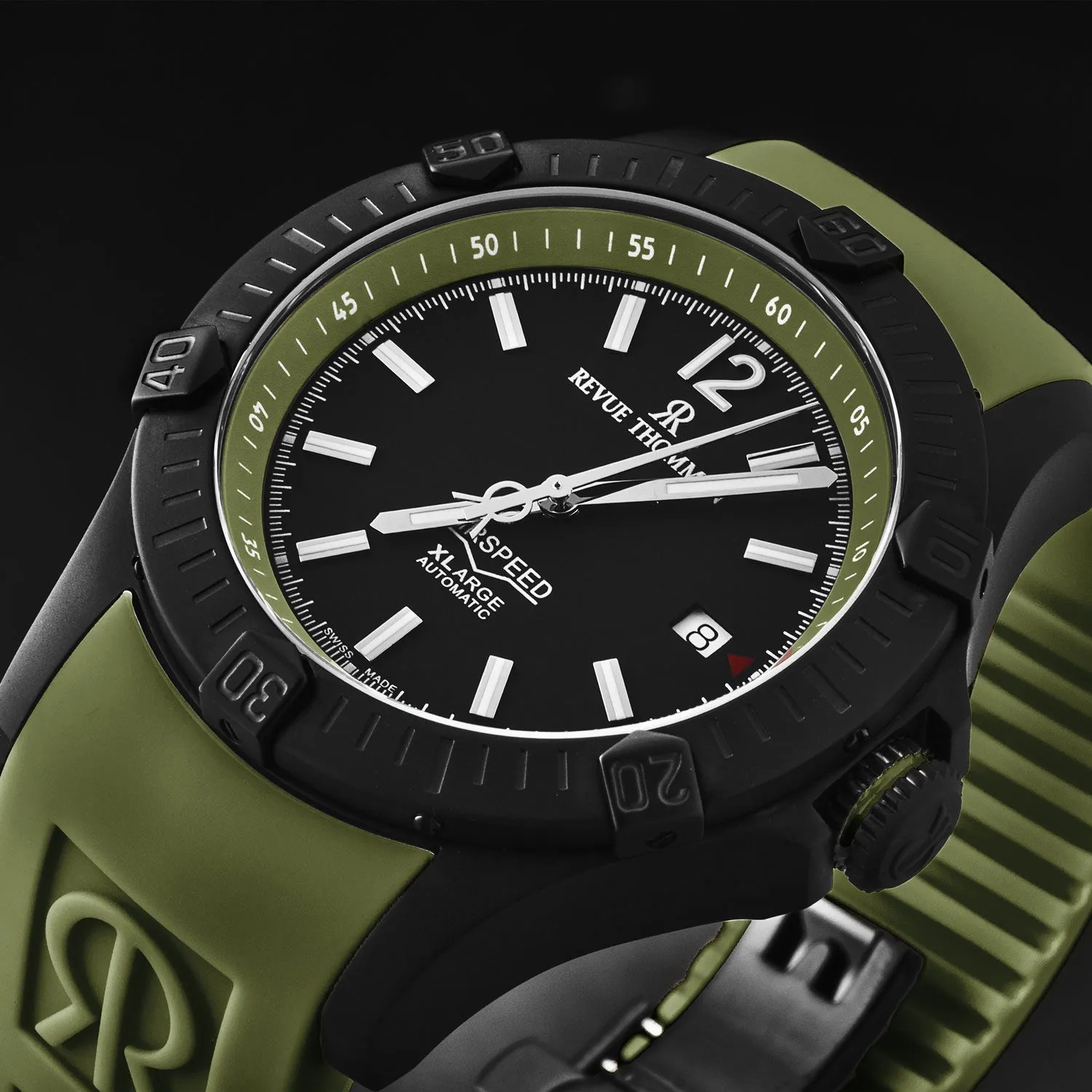 Revue Thommen Men's 'Air speed' Black Dial Green Rubber Strap Automatic Watch 16070.4774