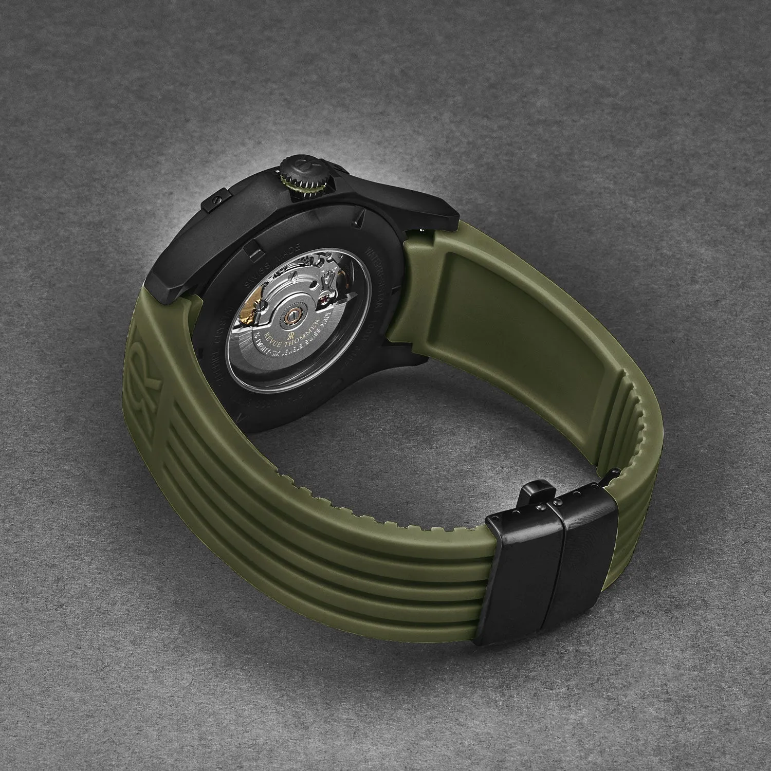 Revue Thommen Men's 'Air speed' Black Dial Green Rubber Strap Automatic Watch 16070.4774