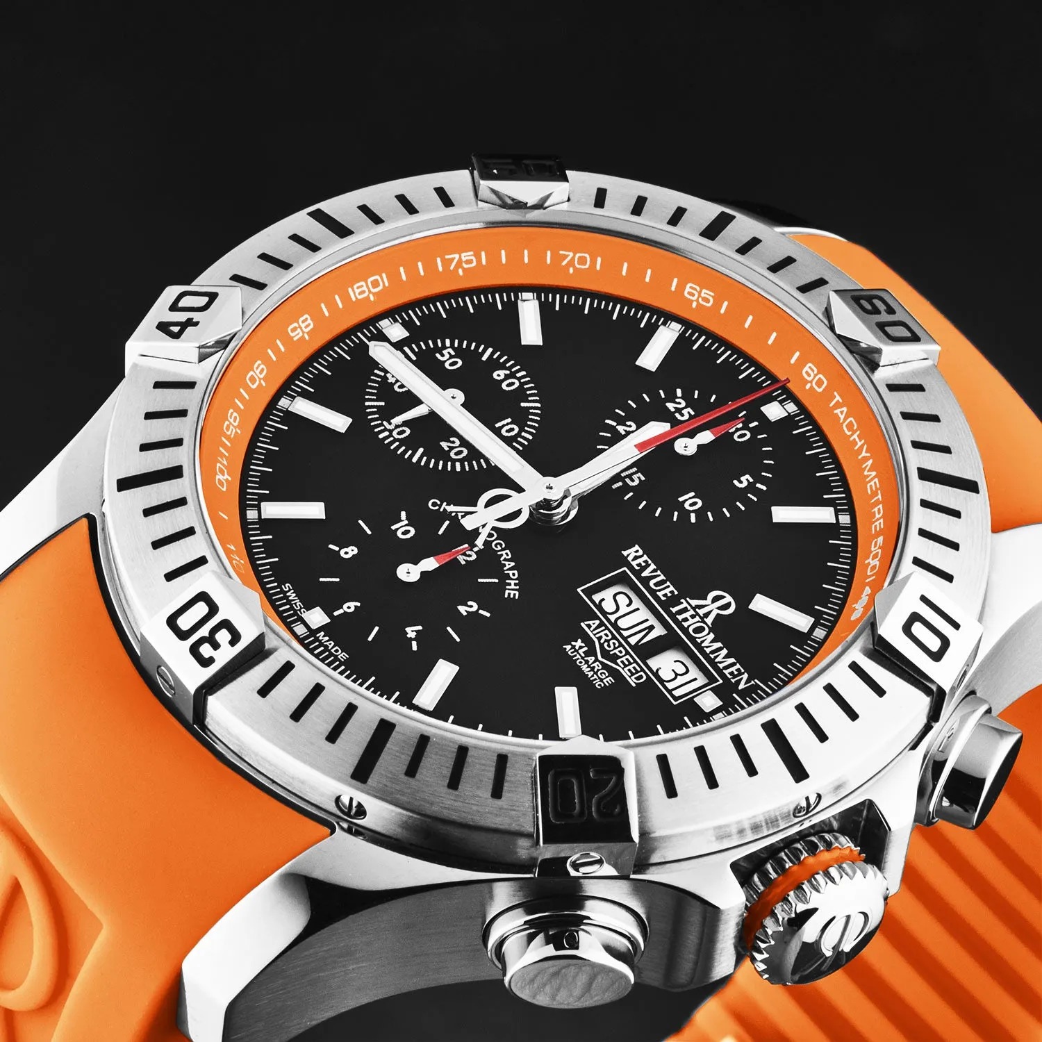 Revue Thommen Men's 'Air speed' Black Dial Orange Rubber Strap Automatic Watch 16071.6639