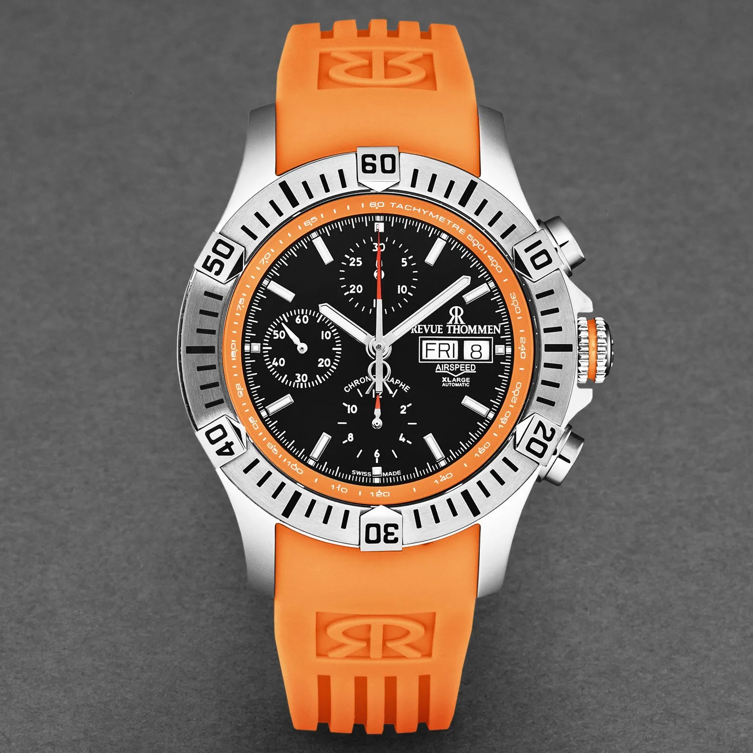 Revue Thommen Men's 'Air speed' Black Dial Orange Rubber Strap Automatic Watch 16071.6639