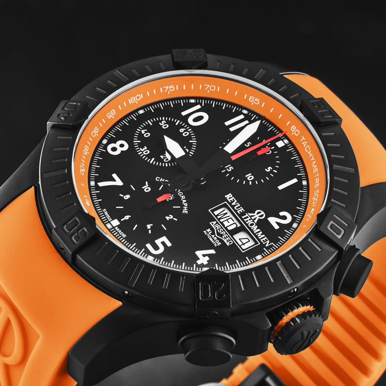 Revue Thommen Men's 'Air speed' Black Dial Orange Rubber Strap Automatic Watch 16071.6779