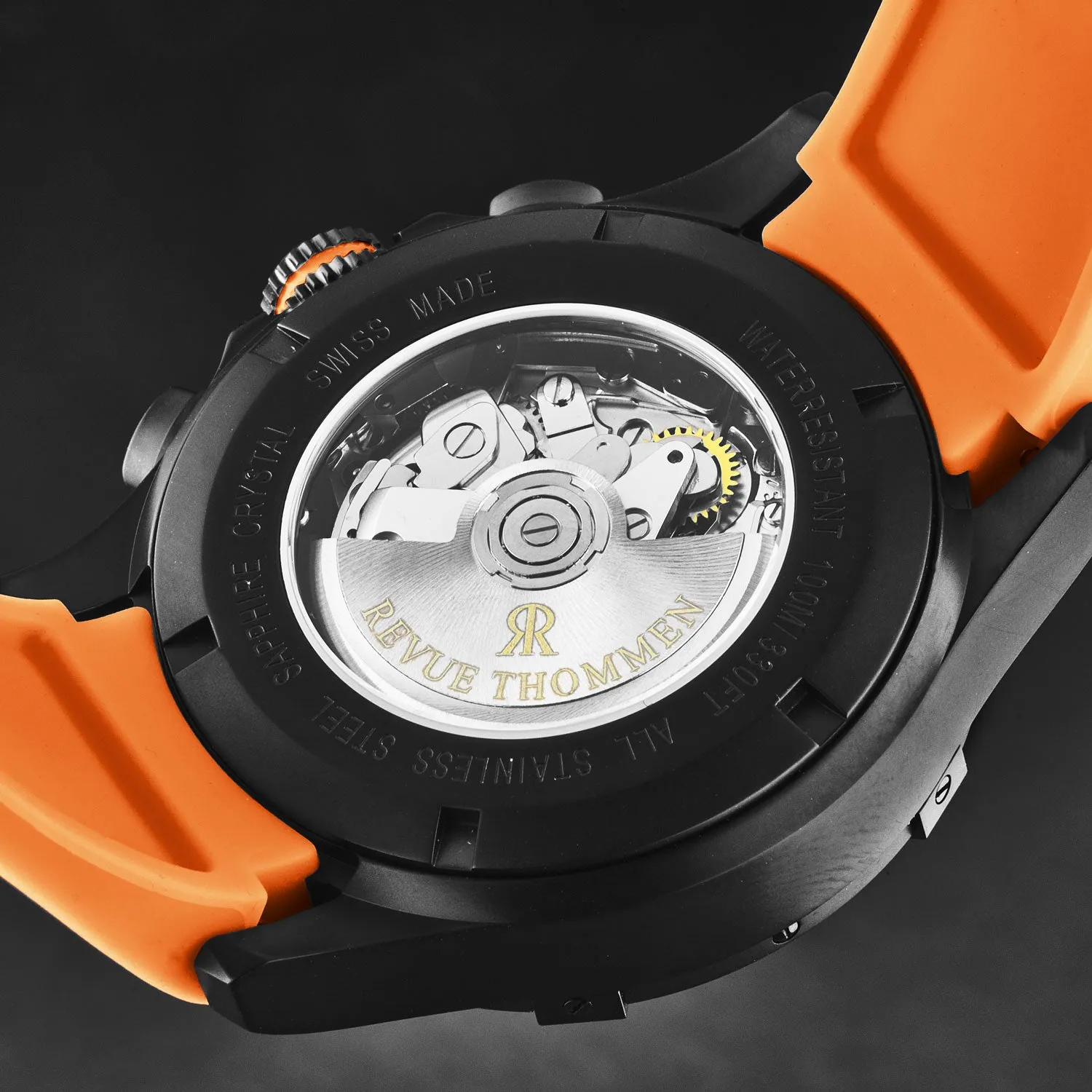Revue Thommen Men's 'Air speed' Black Dial Orange Rubber Strap Automatic Watch 16071.6779