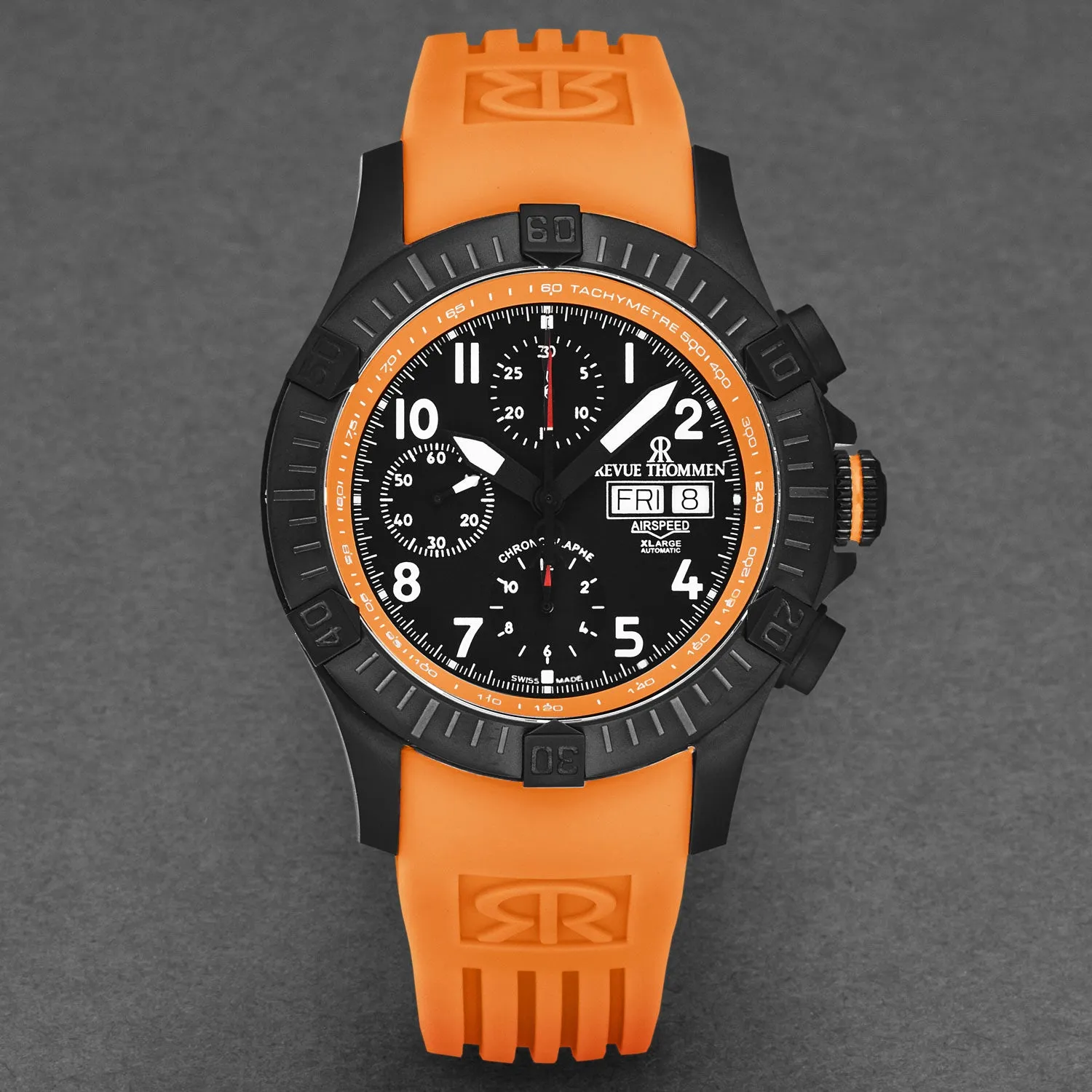 Revue Thommen Men's 'Air speed' Black Dial Orange Rubber Strap Automatic Watch 16071.6779