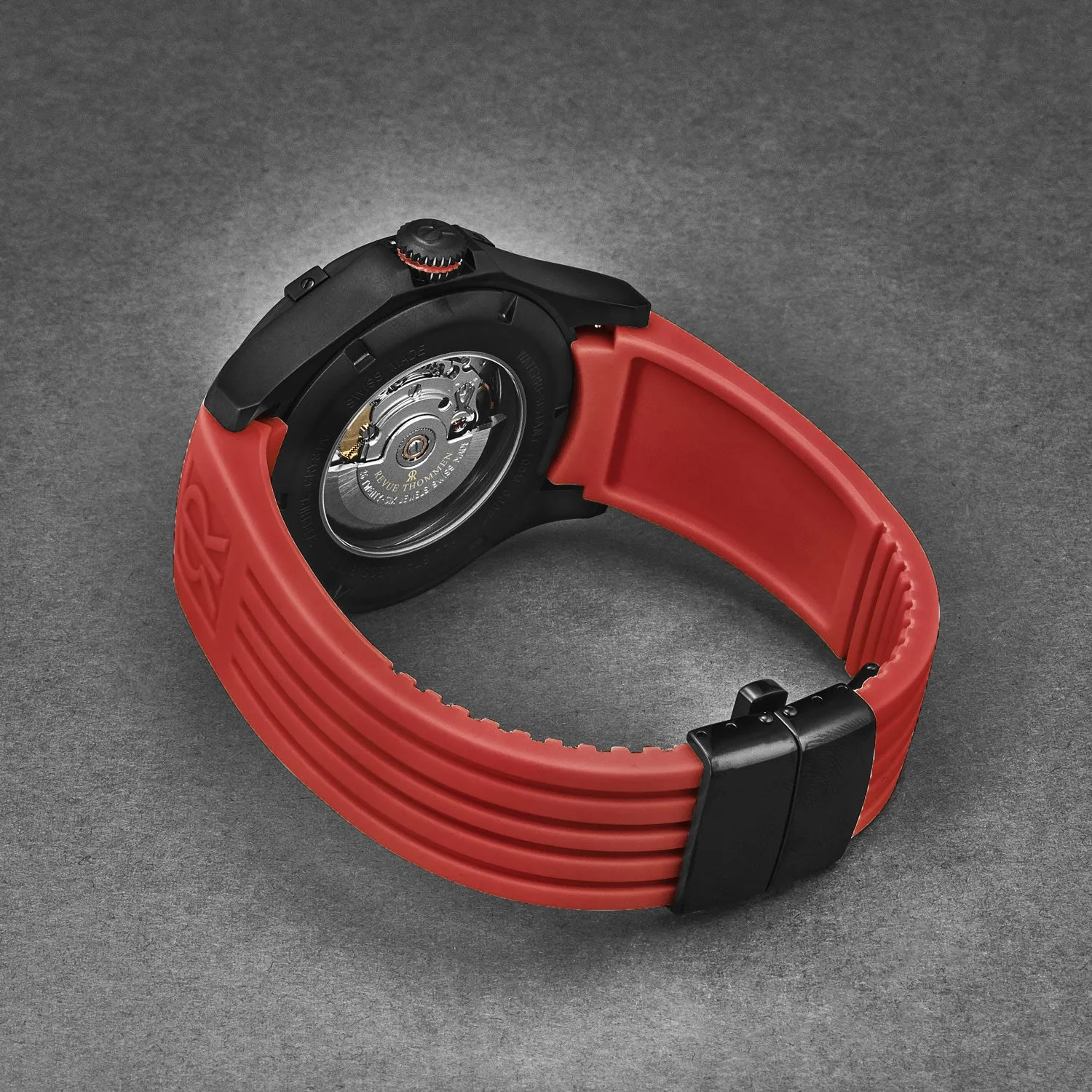 Revue Thommen Men's 'Air speed' Black Dial Red Rubber Strap Automatic Watch 16070.4676