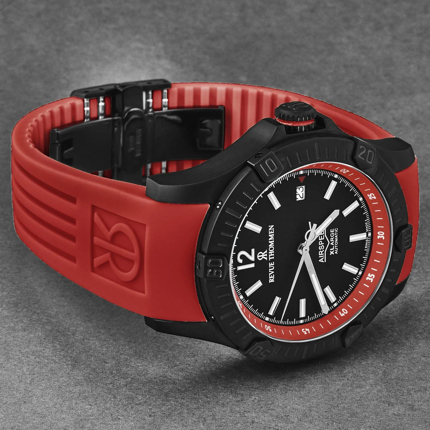 Revue Thommen Men's 'Air speed' Black Dial Red Rubber Strap Automatic Watch 16070.4676