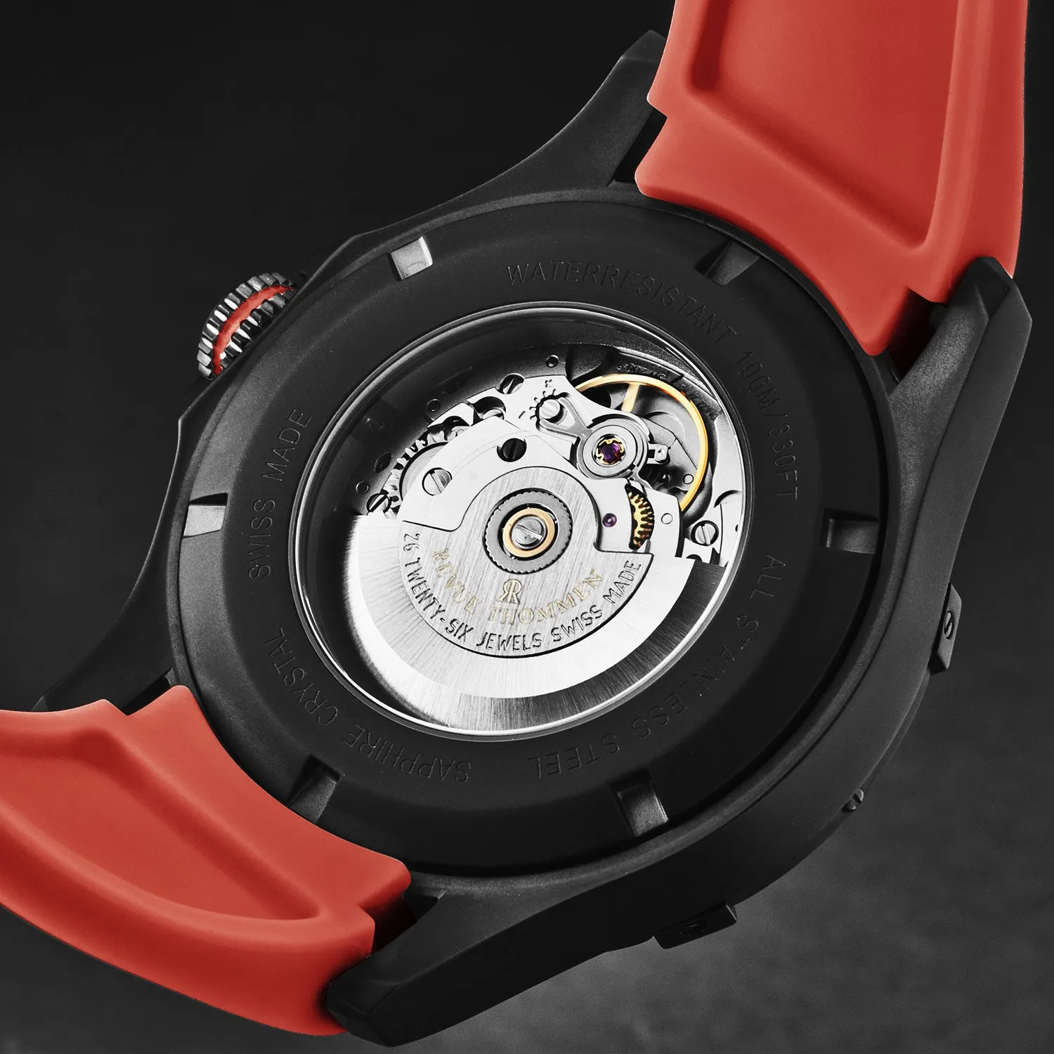 Revue Thommen Men's 'Air speed' Black Dial Red Rubber Strap Automatic Watch 16070.4676