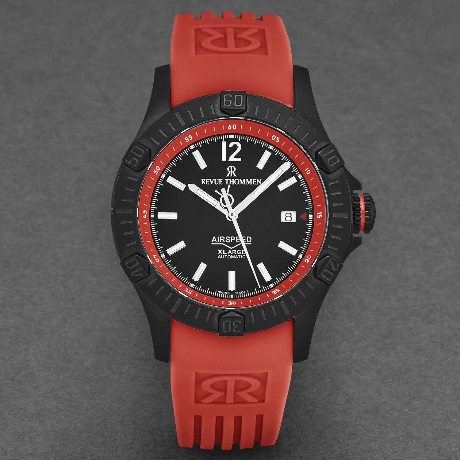 Revue Thommen Men's 'Air speed' Black Dial Red Rubber Strap Automatic Watch 16070.4676
