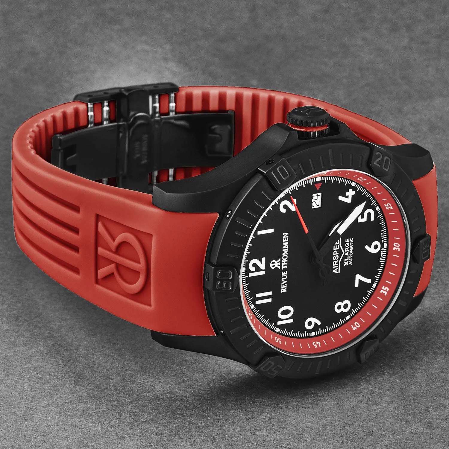 Revue Thommen Men's 'Air speed' Black Dial Red Rubber Strap Automatic Watch 16070.4776