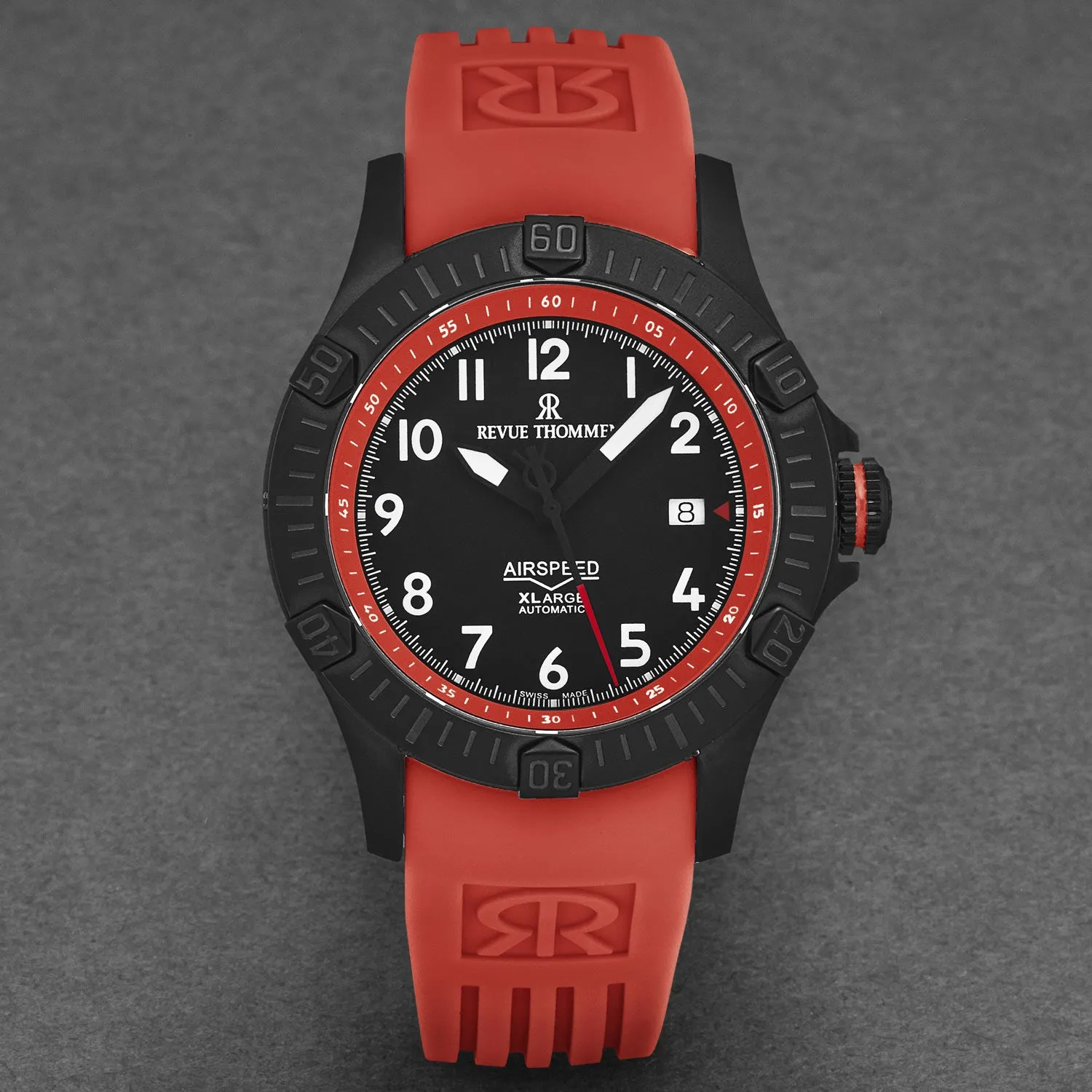 Revue Thommen Men's 'Air speed' Black Dial Red Rubber Strap Automatic Watch 16070.4776