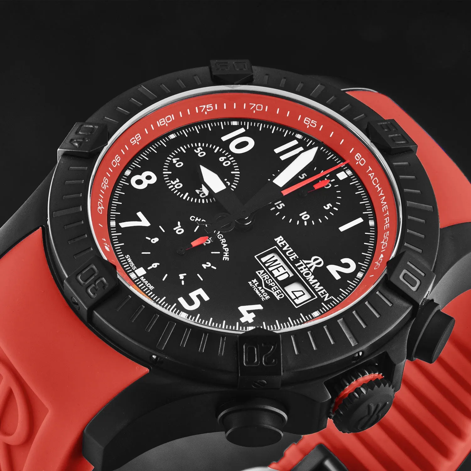 Revue Thommen Men's 'Air speed' Black Dial Red Rubber Strap Automatic Watch 16071.6776