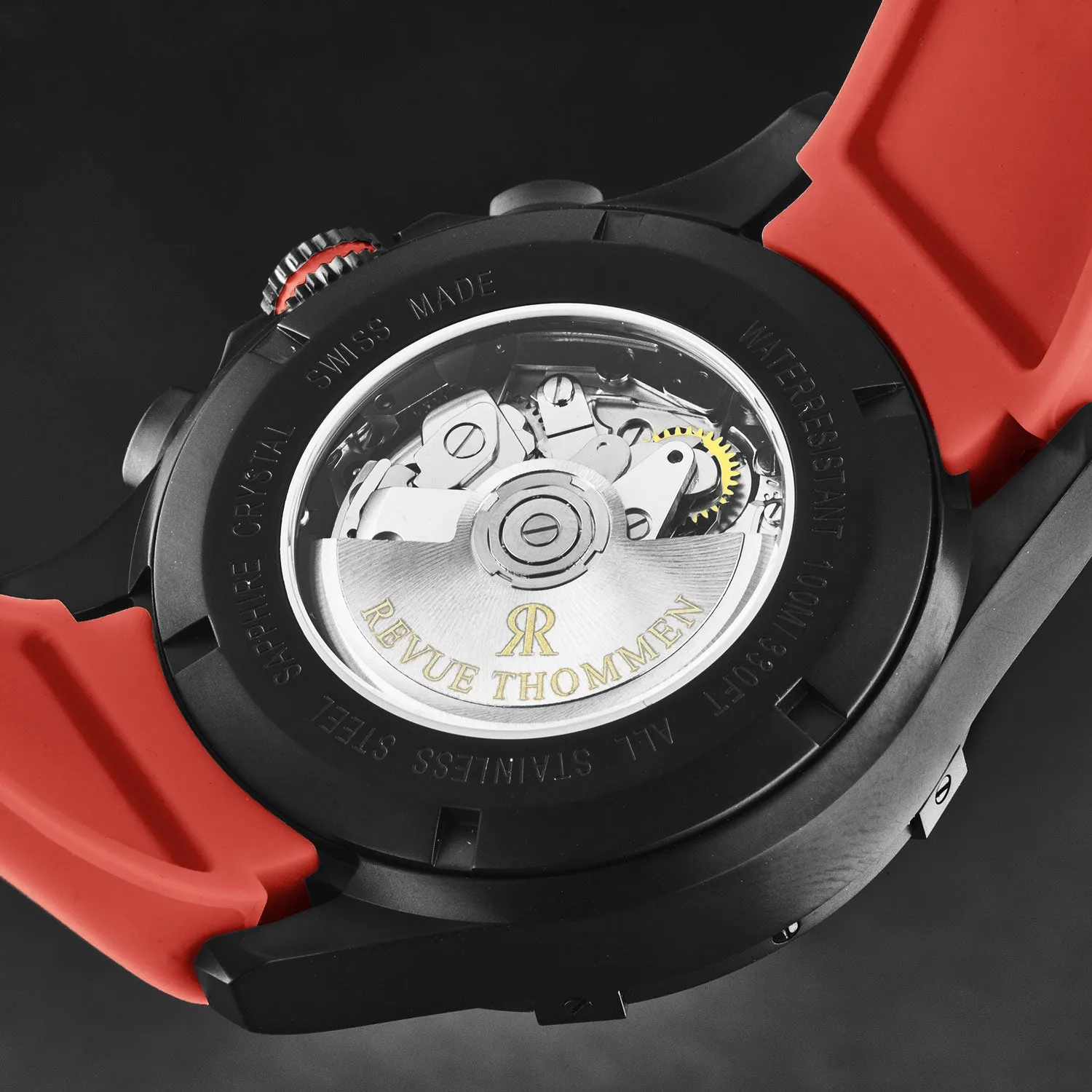 Revue Thommen Men's 'Air speed' Black Dial Red Rubber Strap Automatic Watch 16071.6776