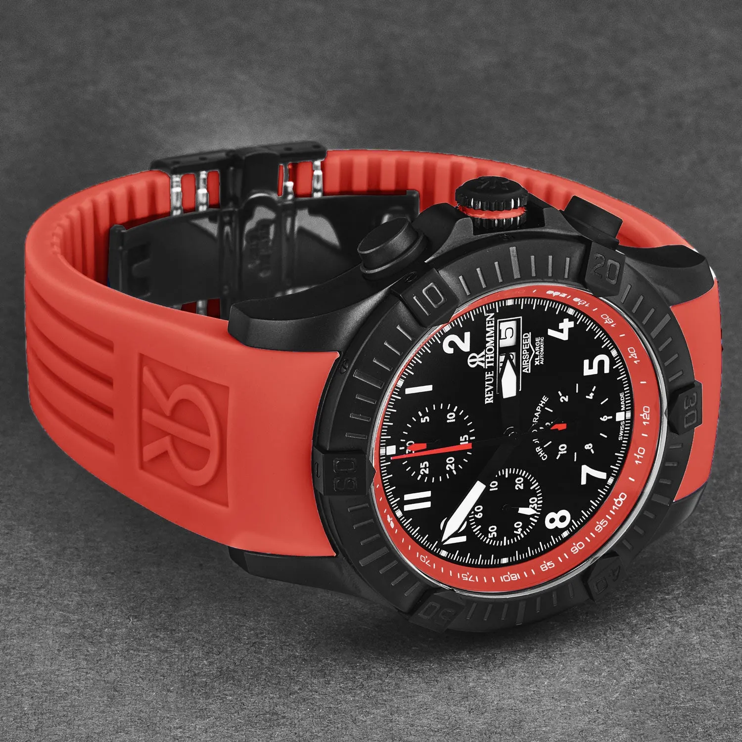 Revue Thommen Men's 'Air speed' Black Dial Red Rubber Strap Automatic Watch 16071.6776