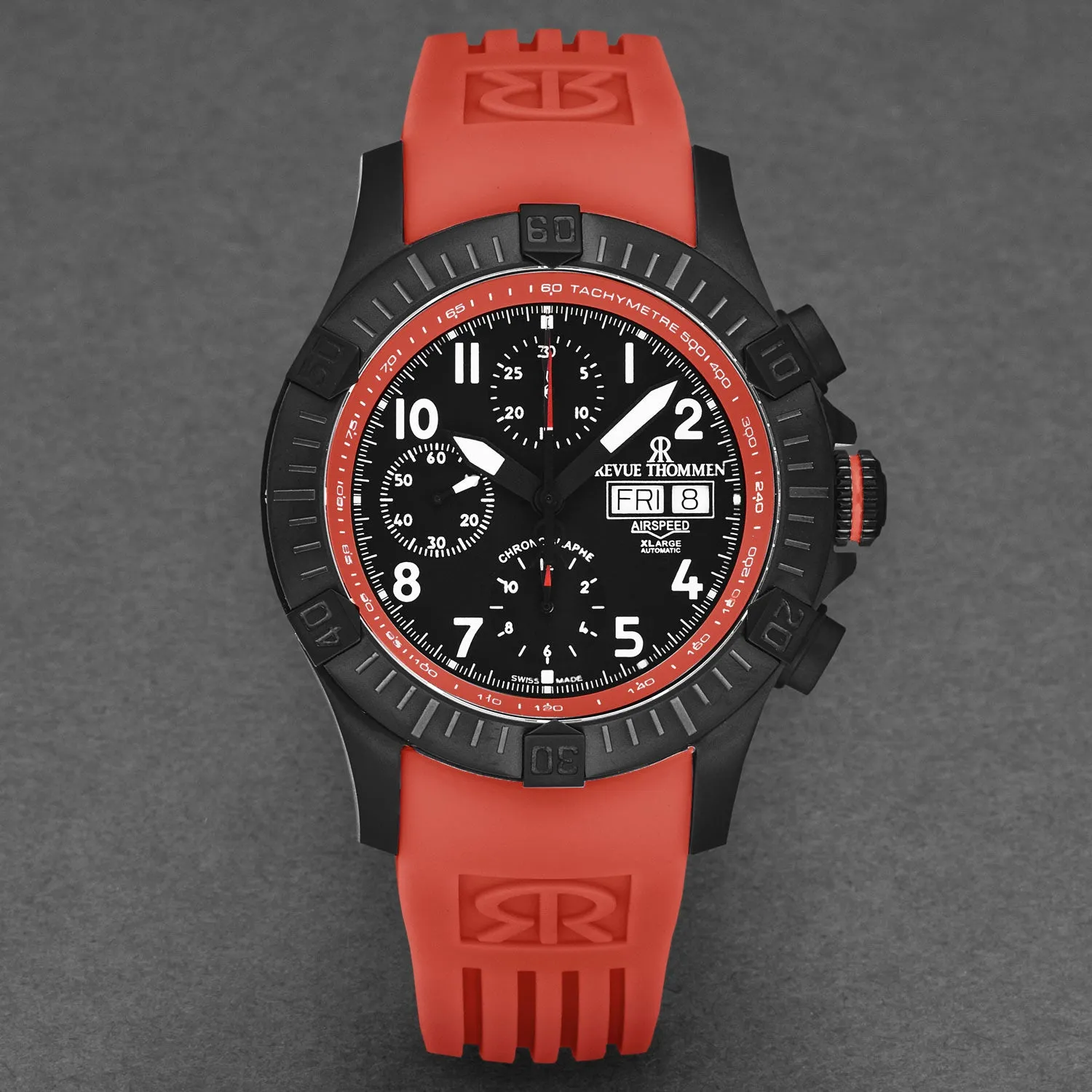 Revue Thommen Men's 'Air speed' Black Dial Red Rubber Strap Automatic Watch 16071.6776