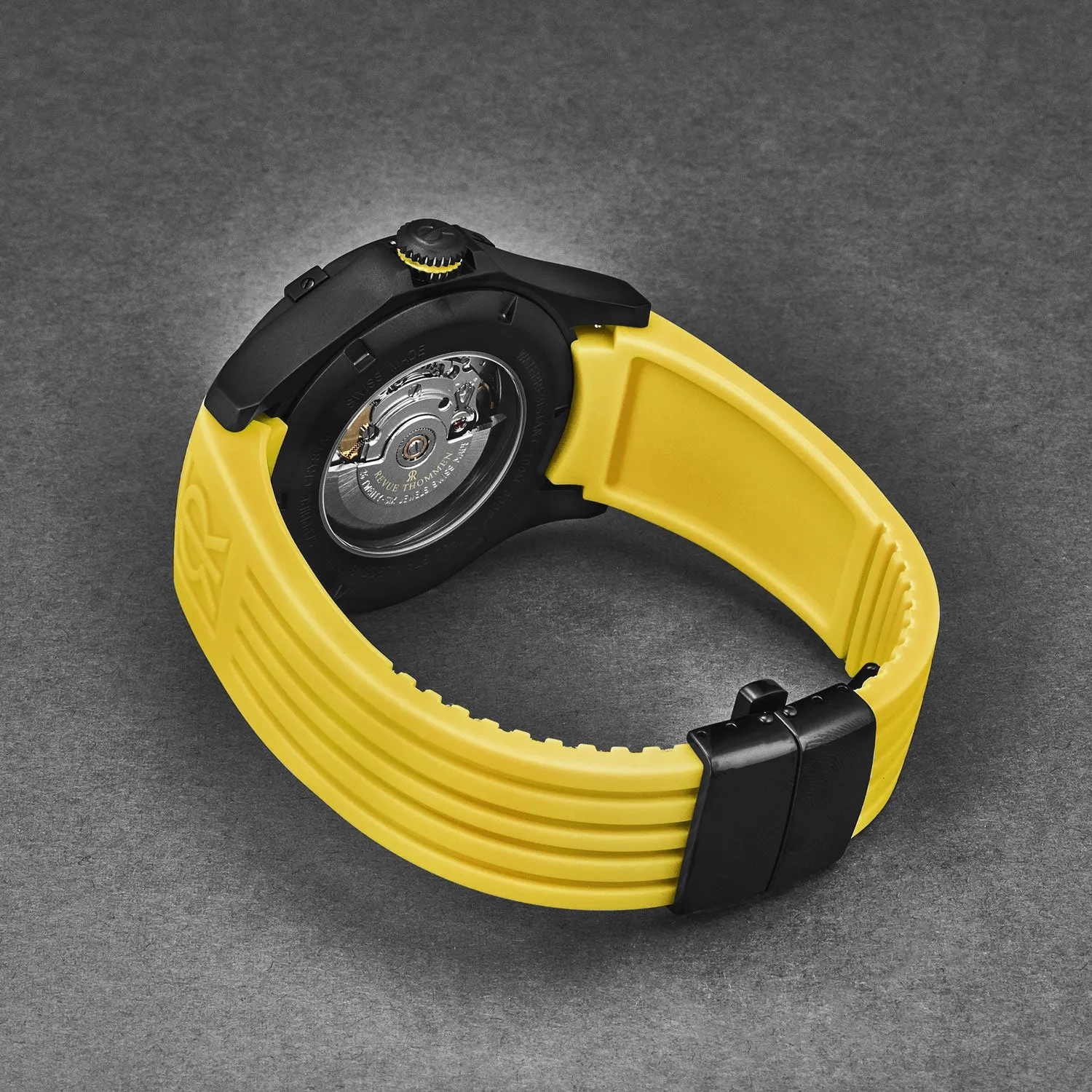 Revue Thommen Men's 'Air speed' Black Dial Yellow Rubber Strap Automatic Watch 16070.4678