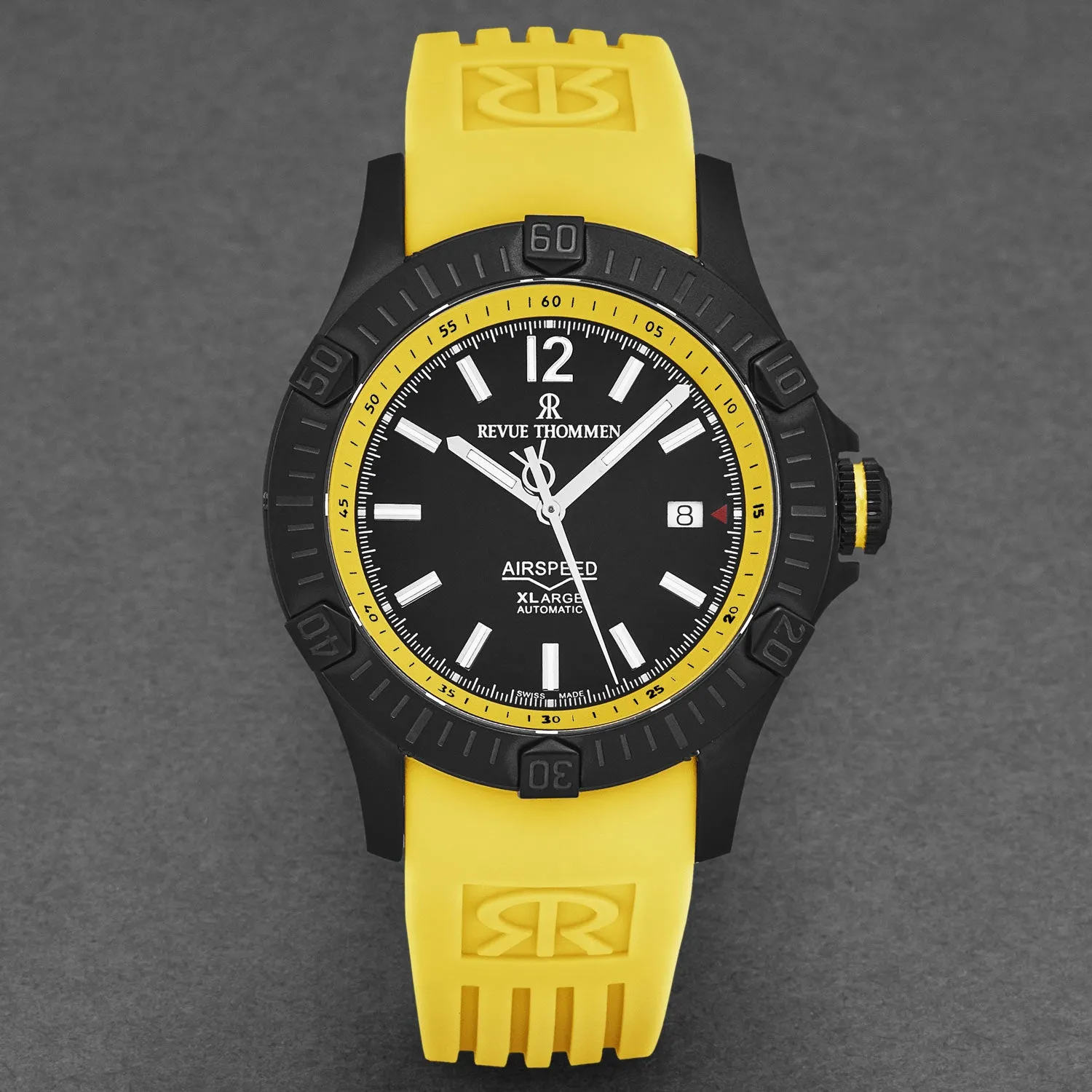 Revue Thommen Men's 'Air speed' Black Dial Yellow Rubber Strap Automatic Watch 16070.4678