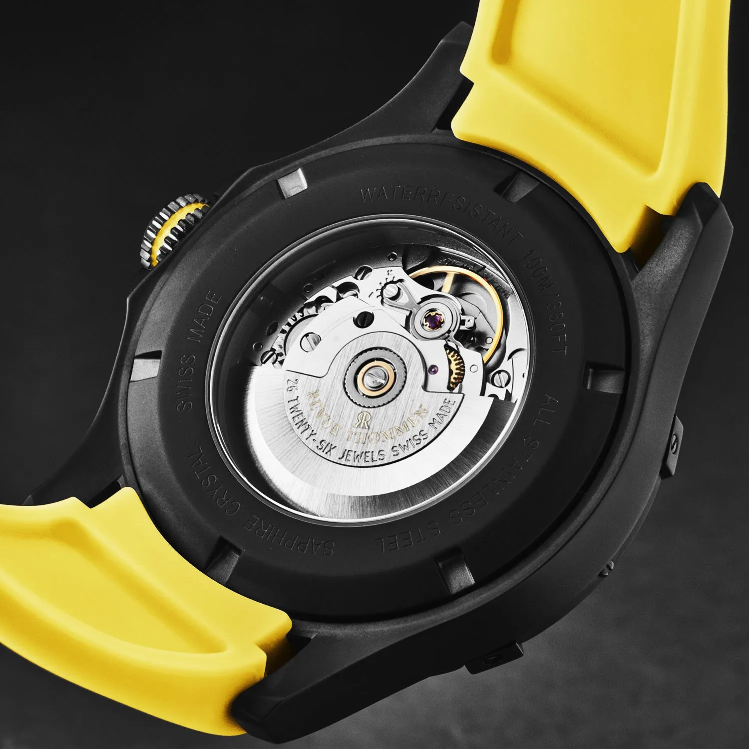 Revue Thommen Men's 'Air speed' Black Dial Yellow Rubber Strap Automatic Watch 16070.4678