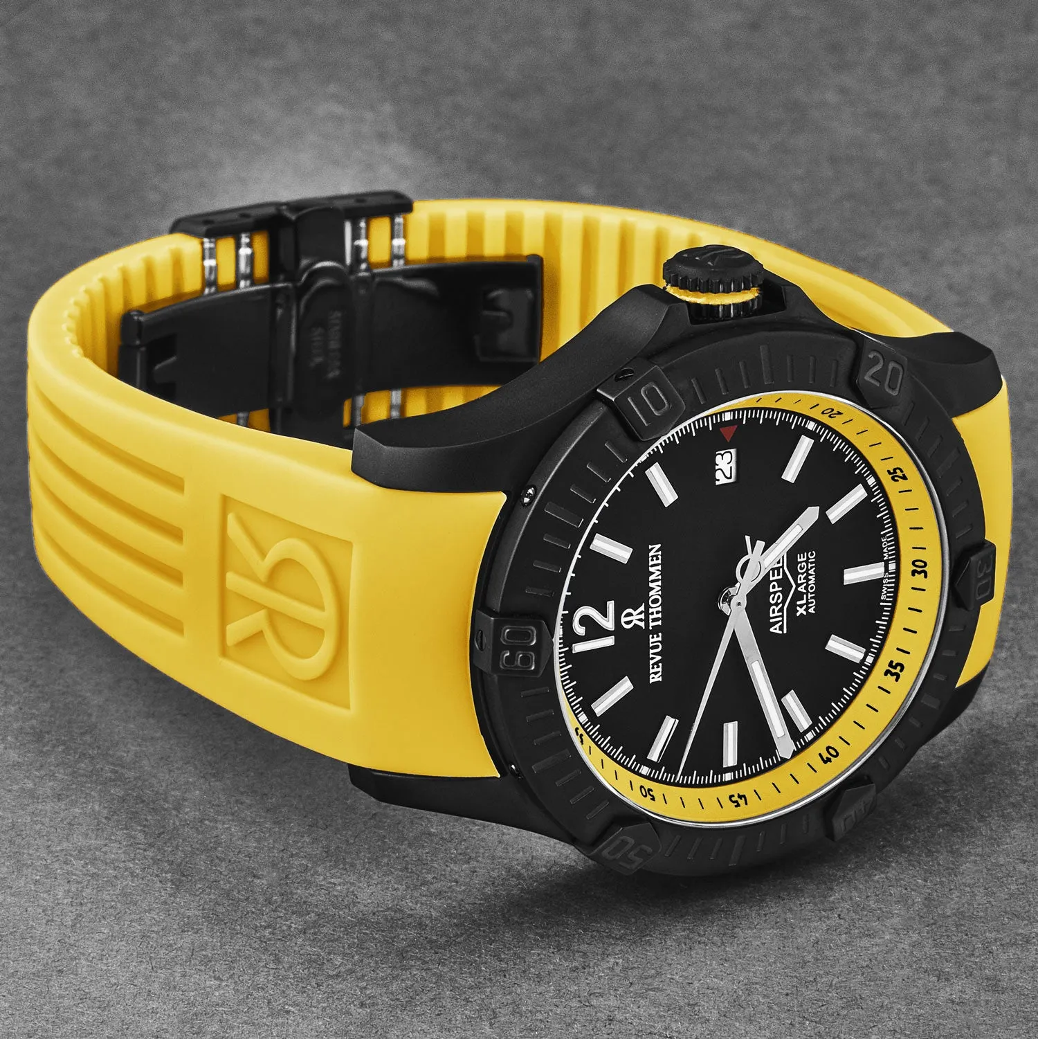 Revue Thommen Men's 'Air speed' Black Dial Yellow Rubber Strap Automatic Watch 16070.4678