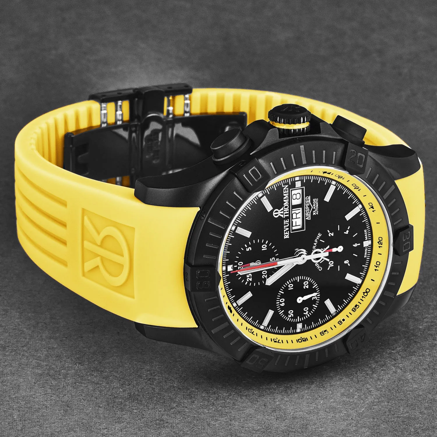 Revue Thommen Men's 'Air speed' Black Dial Yellow Rubber Strap Automatic Watch 16071.6678