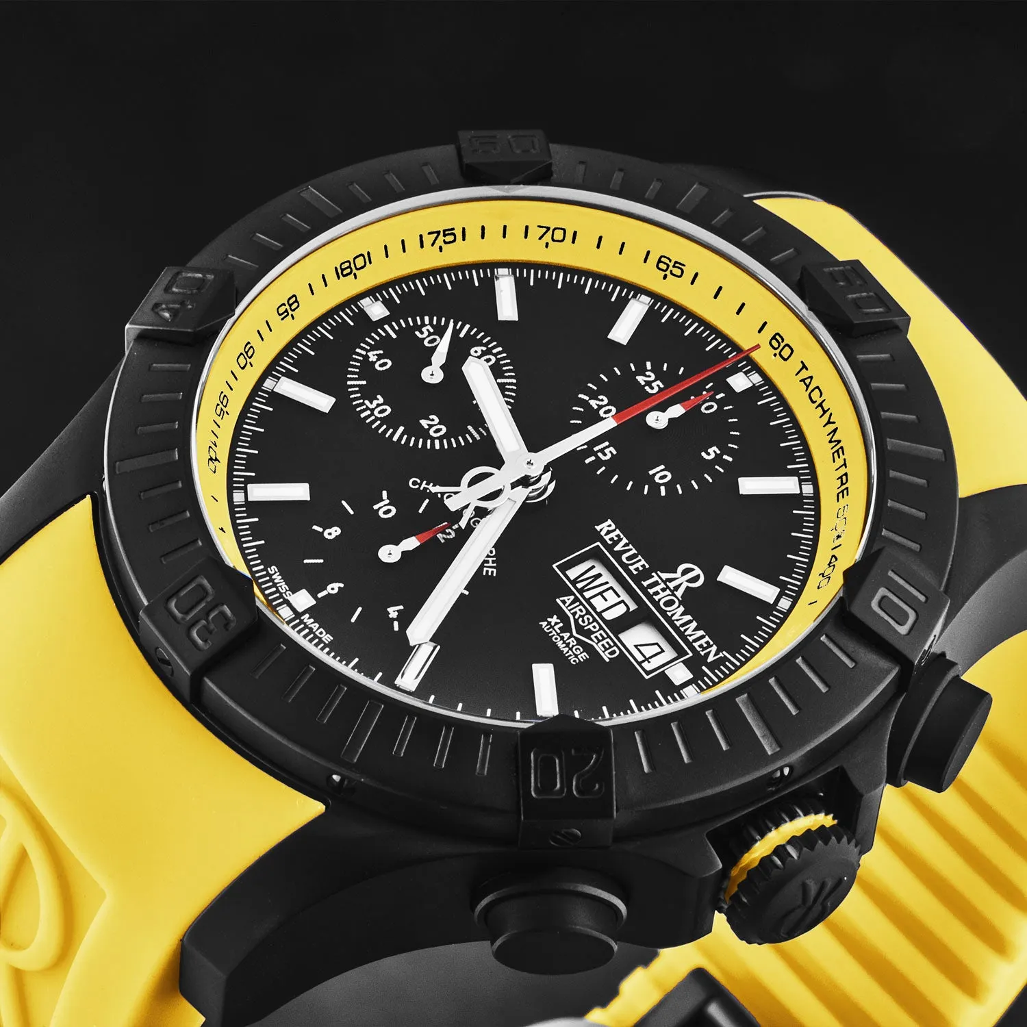Revue Thommen Men's 'Air speed' Black Dial Yellow Rubber Strap Automatic Watch 16071.6678