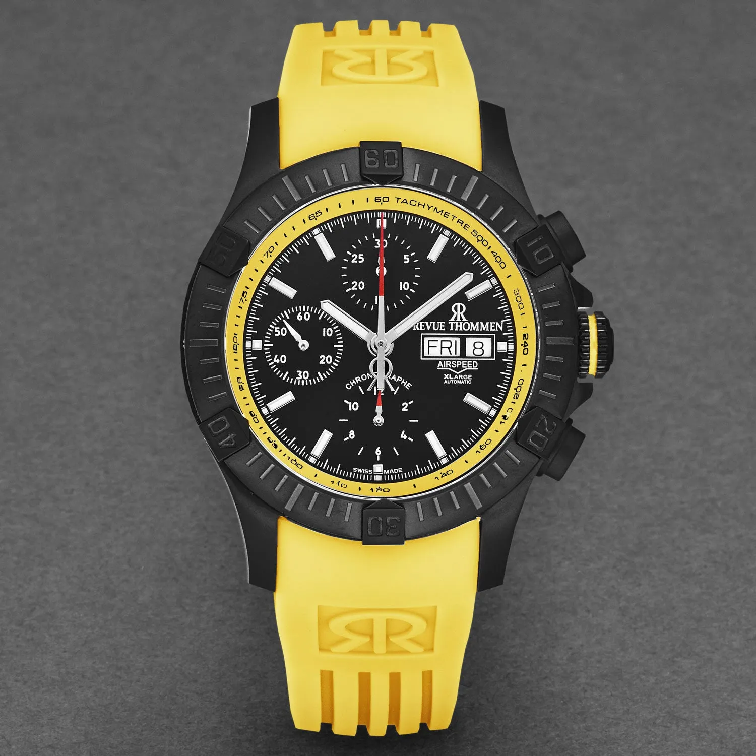 Revue Thommen Men's 'Air speed' Black Dial Yellow Rubber Strap Automatic Watch 16071.6678