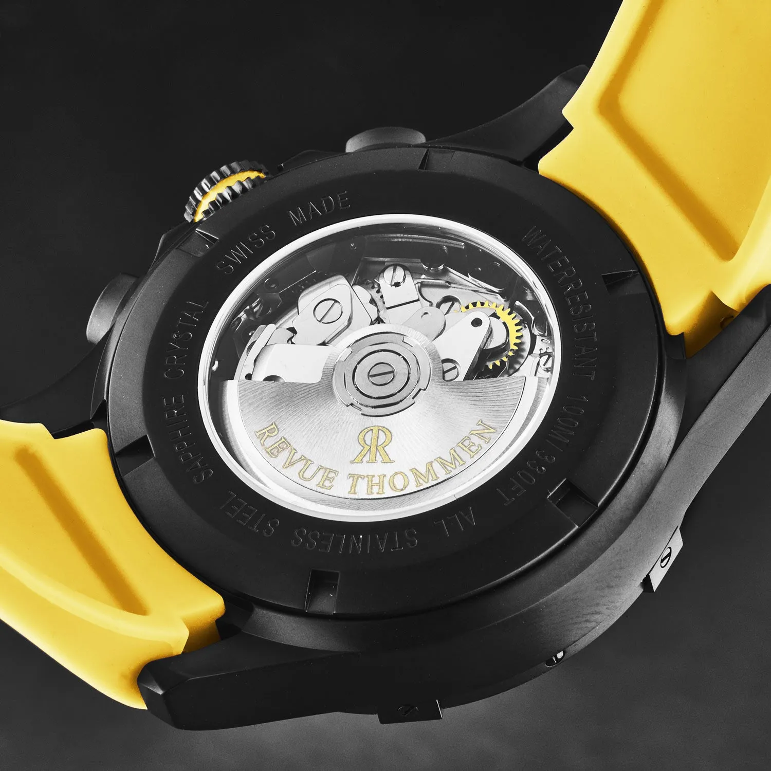 Revue Thommen Men's 'Air speed' Black Dial Yellow Rubber Strap Automatic Watch 16071.6678