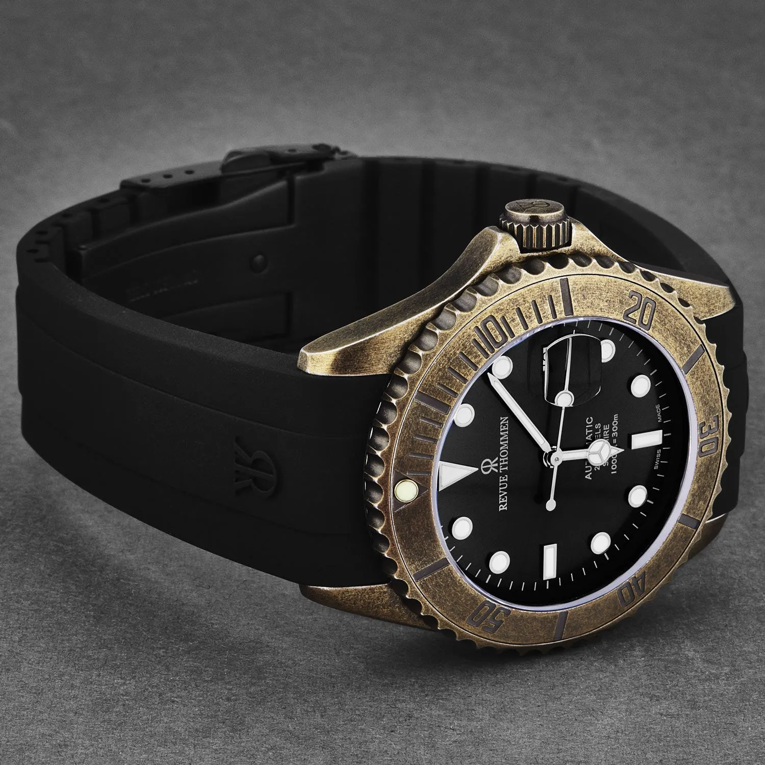 Revue Thommen Men's 'Diver' Black Dial Black Rubber Gunmetal Automatic Watch 17571.2887