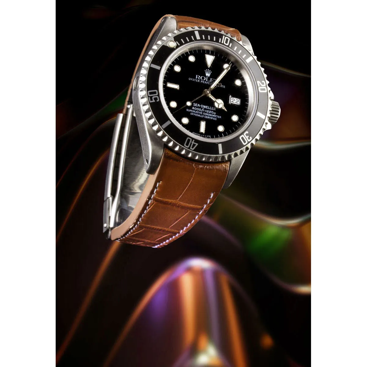Rolex – Bracelet-montre cuir R Strap – Alligator couture blanche (noir, marron, bleu, blanc, kaki clair)