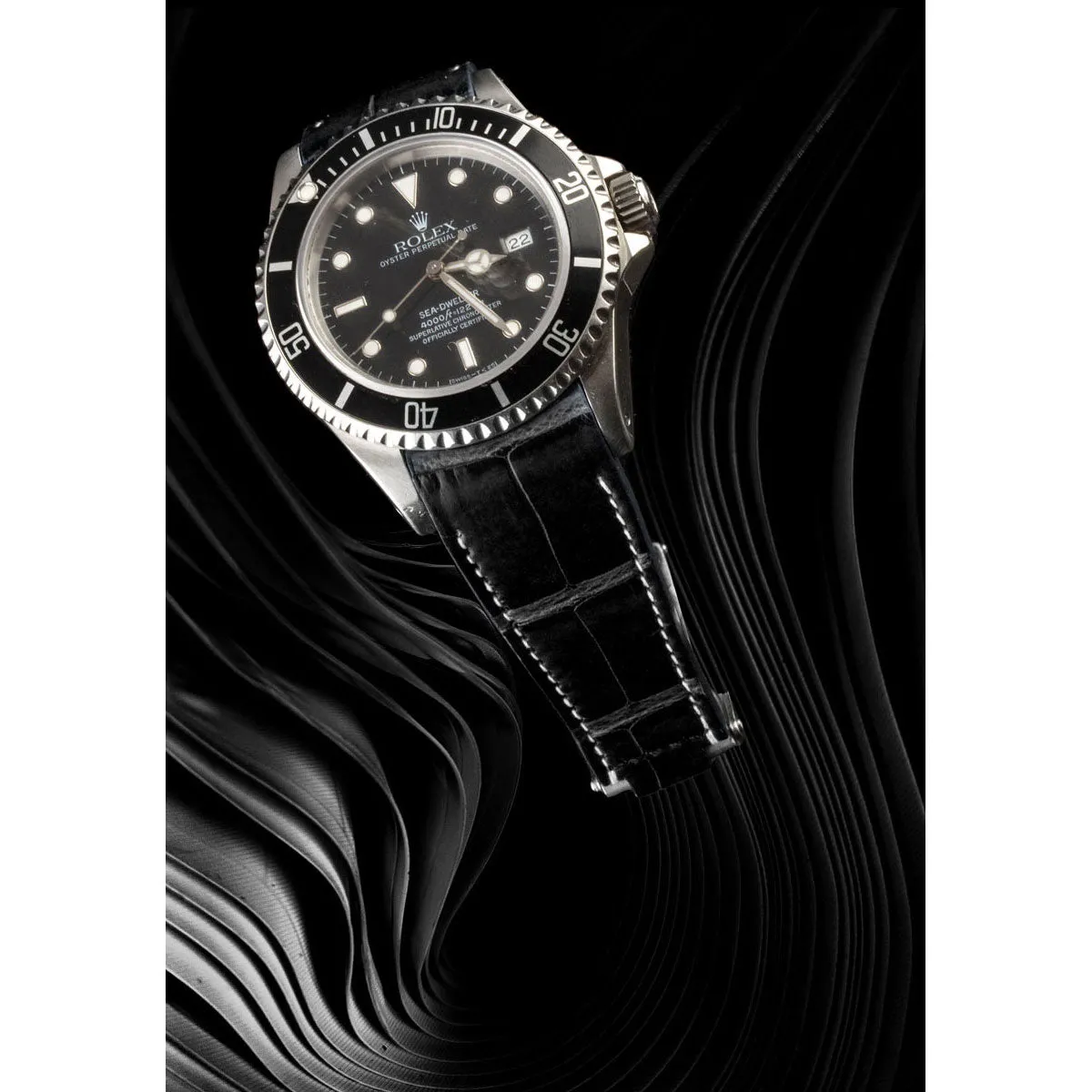 Rolex – Bracelet-montre cuir R Strap – Alligator couture blanche (noir, marron, bleu, blanc, kaki clair)