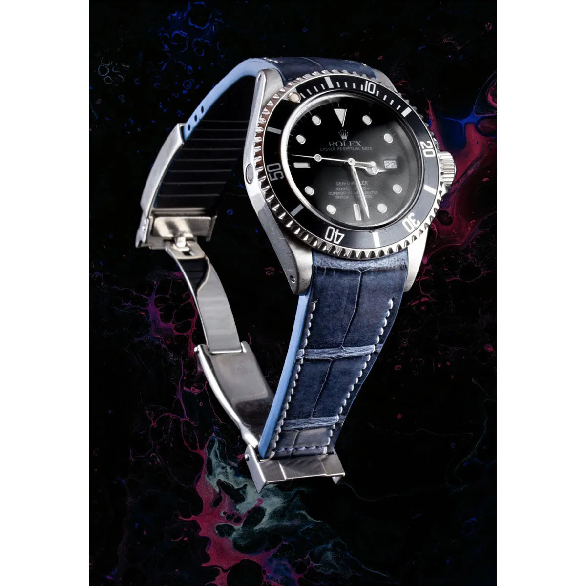 Rolex – Bracelet-montre cuir R Strap – Alligator couture blanche (noir, marron, bleu, blanc, kaki clair)